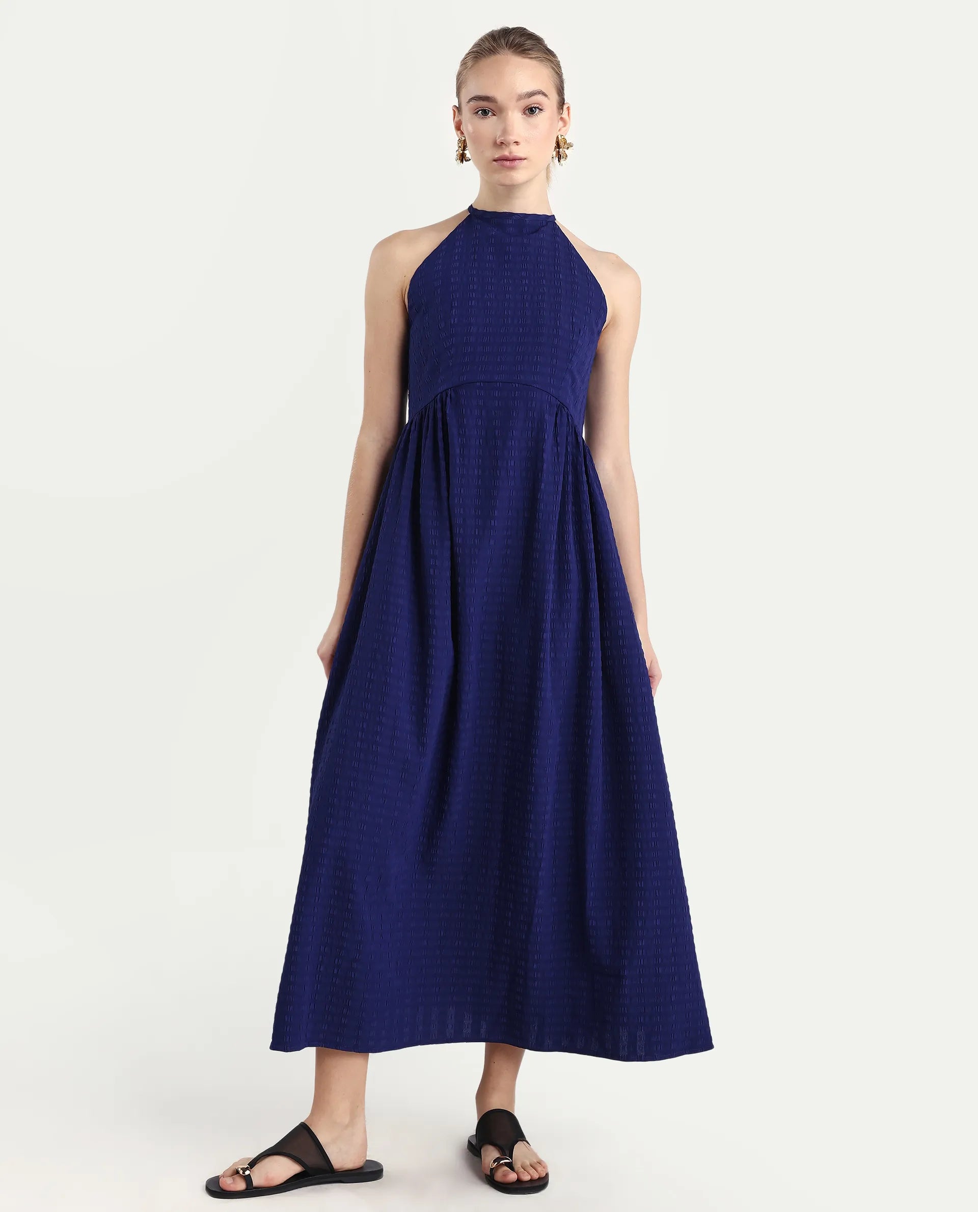 Rareism Women's Acina Blue Polyester Sleeveless Fit And Flare Plain Dress