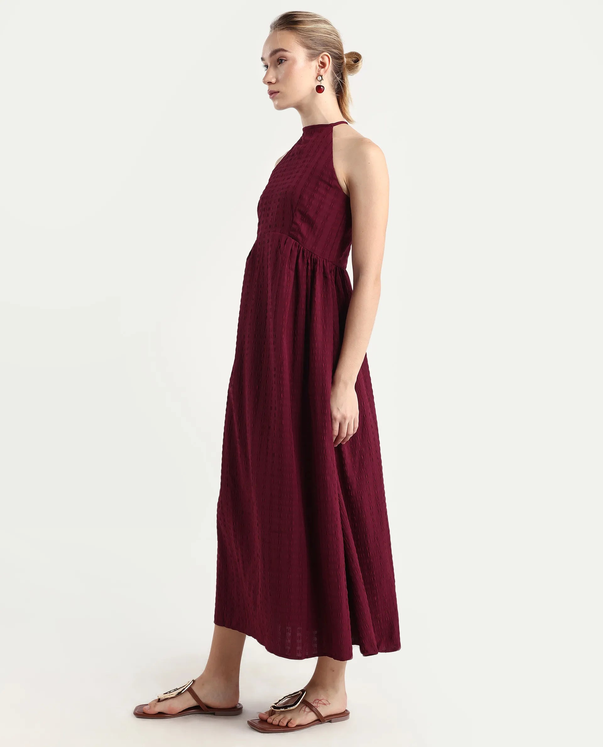 Rareism Women's Acina Maroon Polyester Sleeveless Fit And Flare Plain Dress