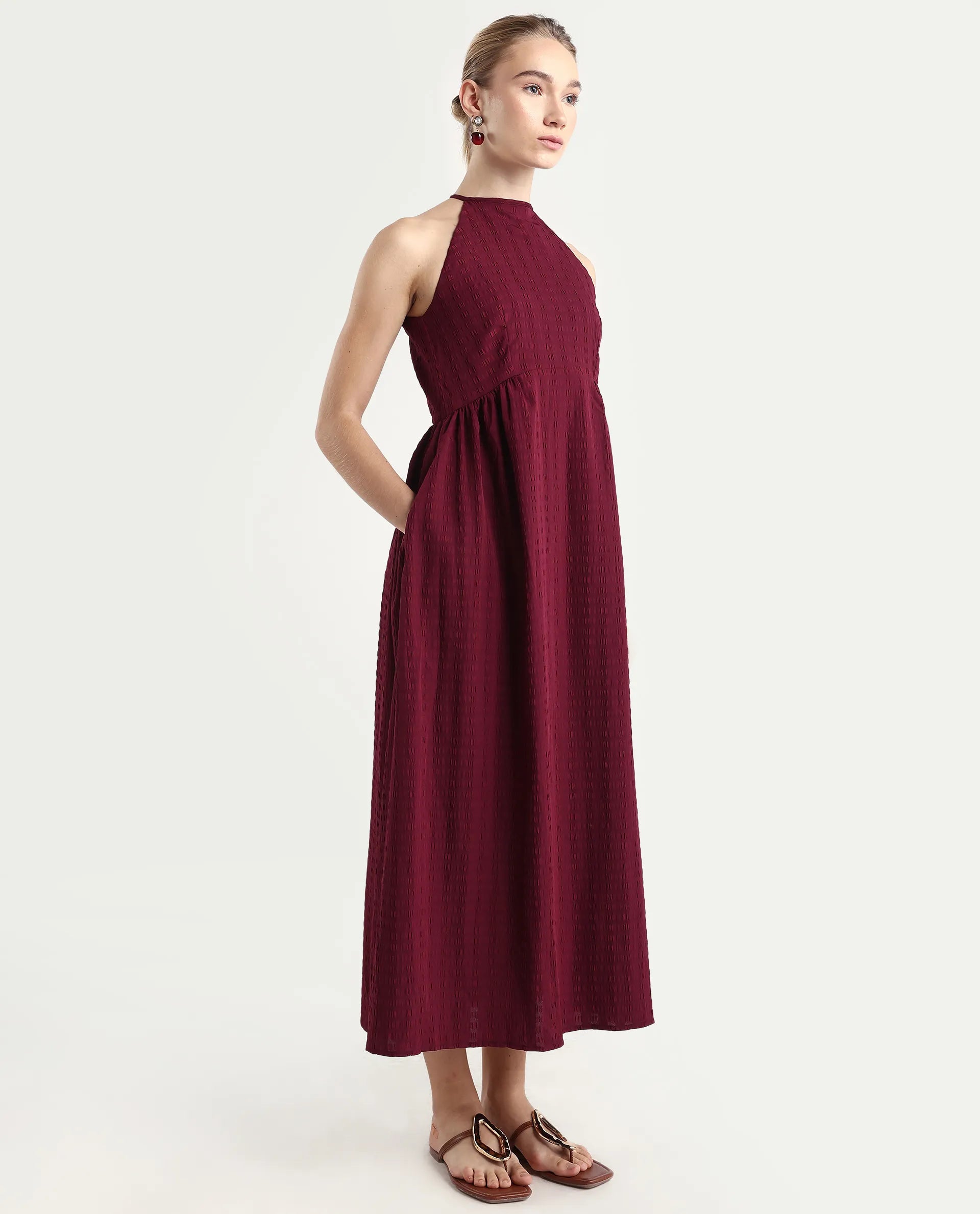 Rareism Women's Acina Maroon Polyester Sleeveless Fit And Flare Plain Dress