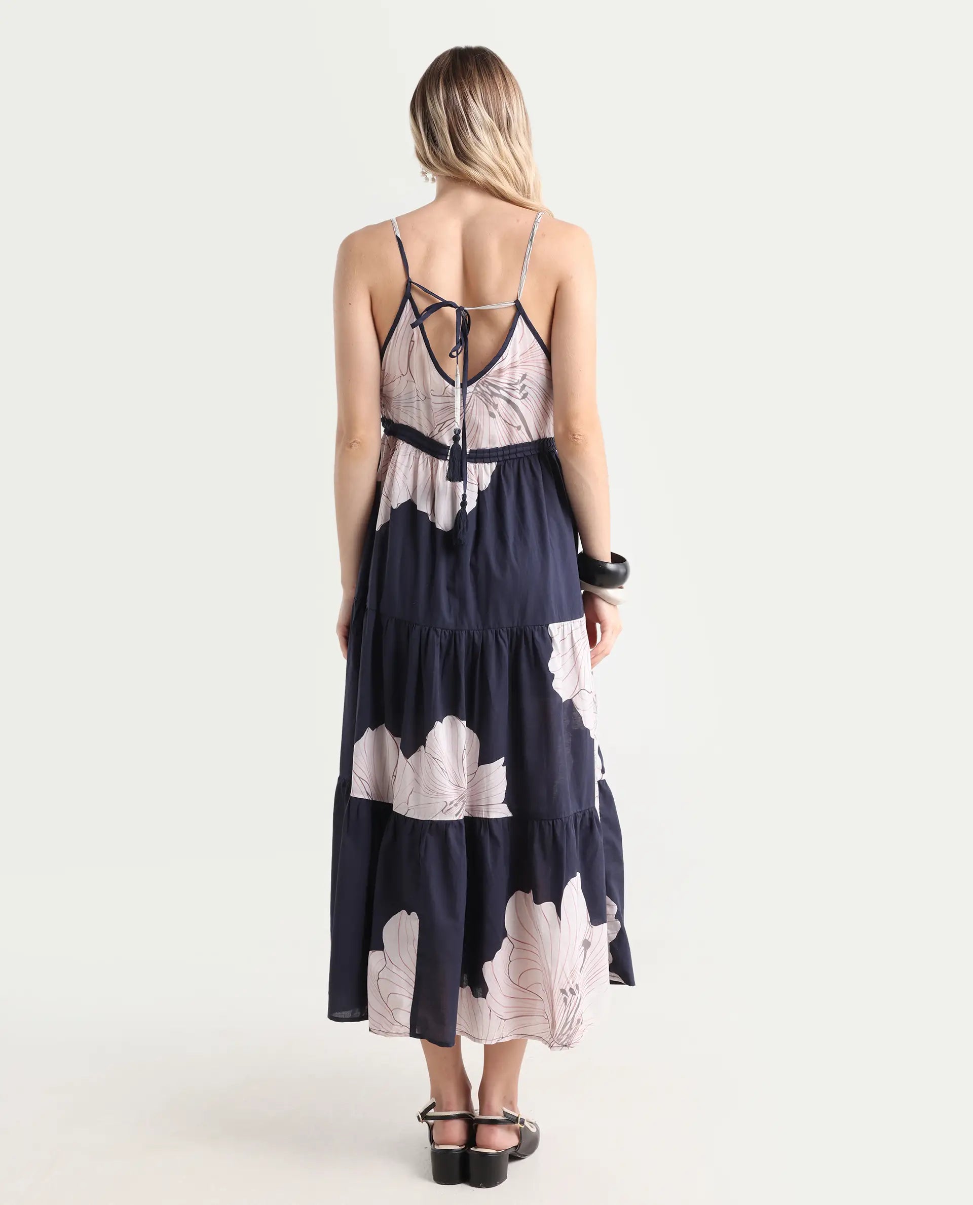 Rareism Women's Acker Navy Cotton V-Neck Floral Print Shoulder Strap Midi Relaxed Fit Dress