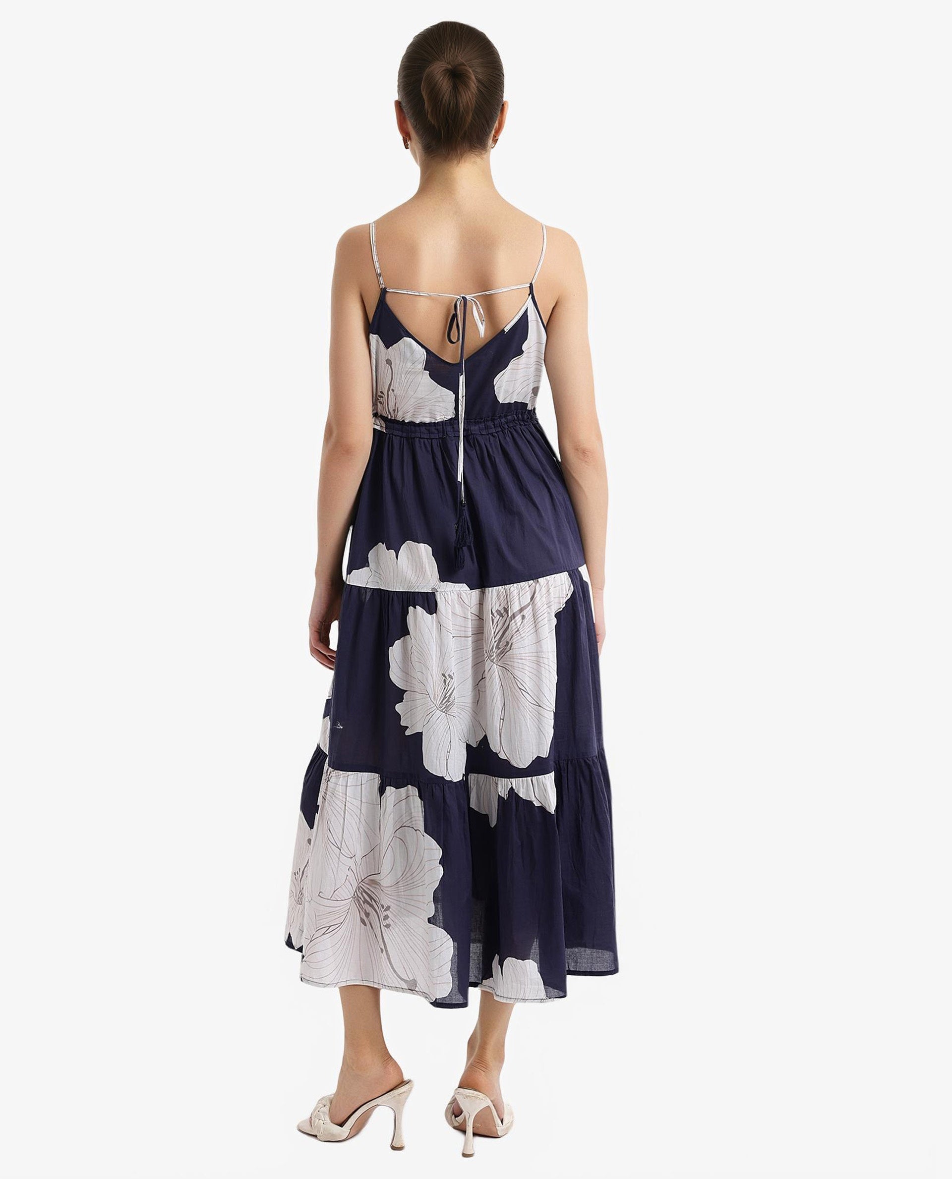 Rareism Women's Acker Navy Cotton Fabric V-Neck Slip-On Closure Sleeveless Floral Print Relaxed Fit Midi Dress