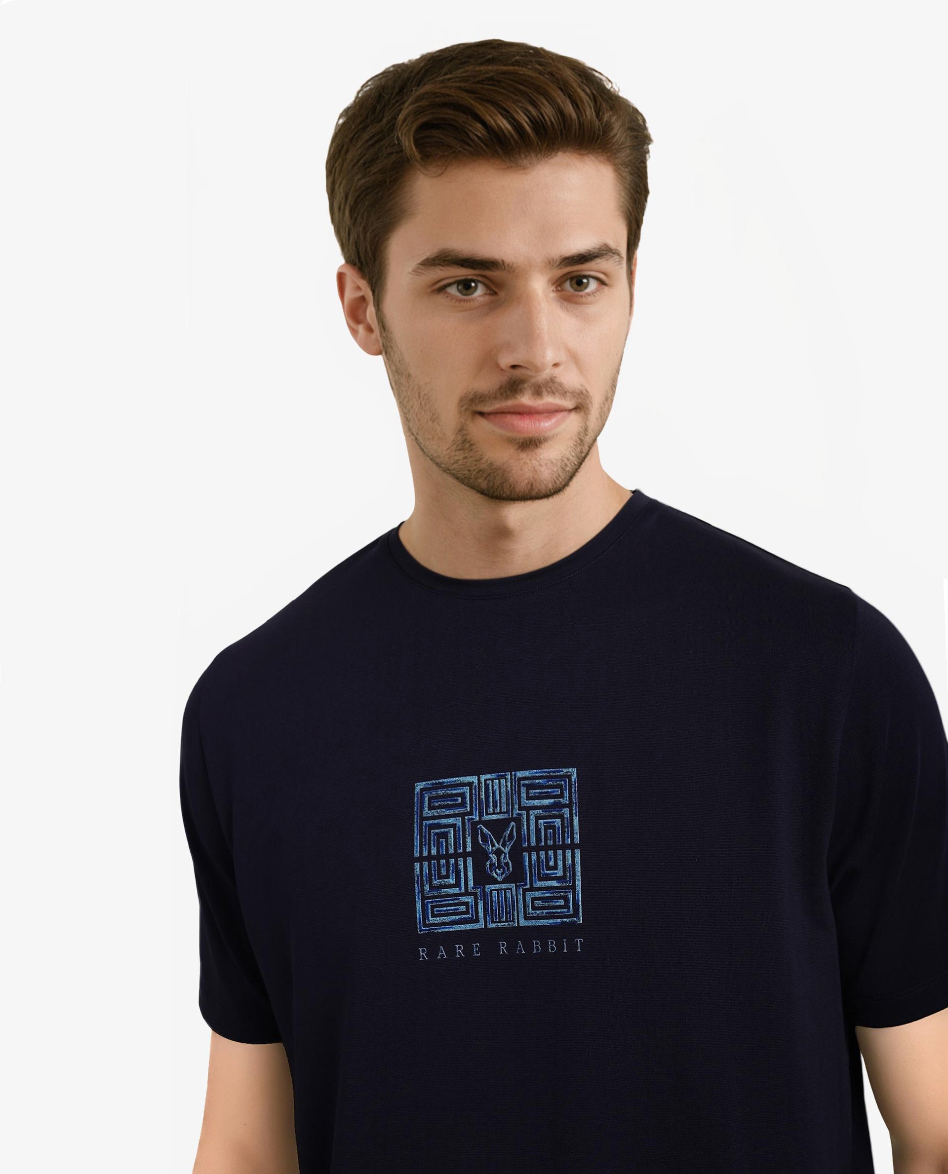 Rare Rabbit Men Ack Navy Cotton Blend Fabric Short Sleeve Crew Neck Logo Print T-Shirt