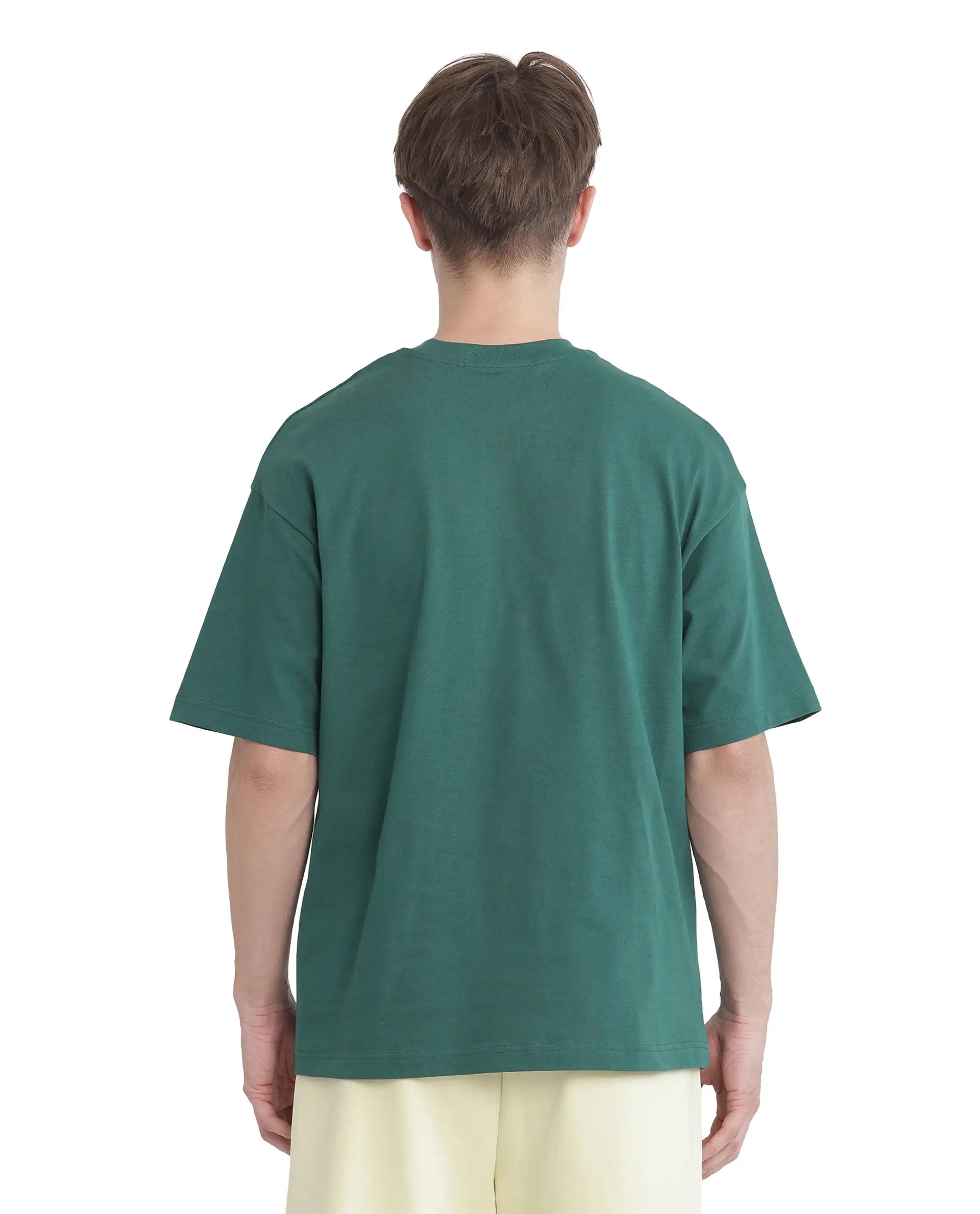 Rare Rabbit Men Act Dark Dark Green Cotton Fabric Short Sleeve Crew Neck Slip-On Oversized Fit Graphic Print T-Shirt