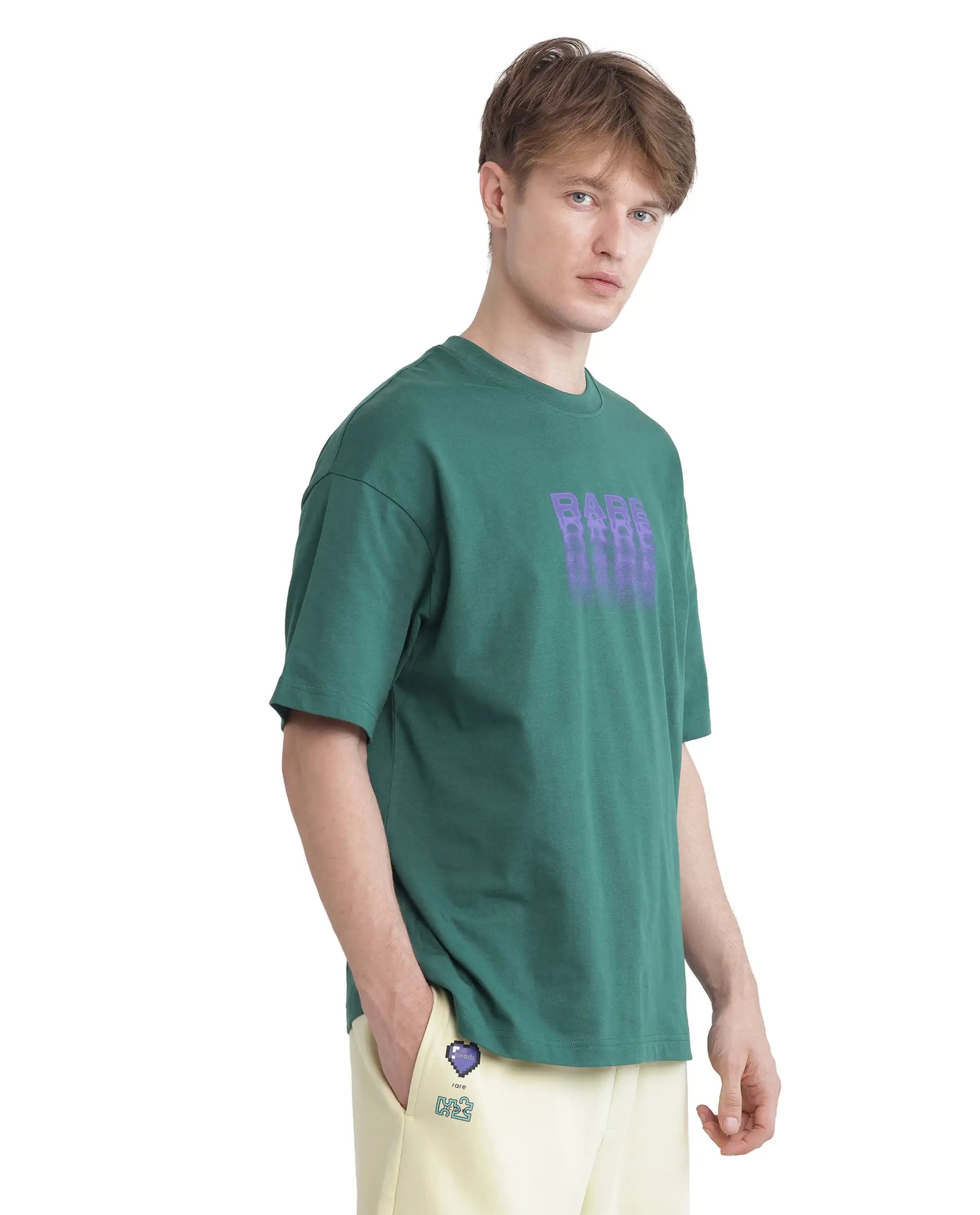 Rare Rabbit Men Act Dark Dark Green Cotton Fabric Short Sleeve Crew Neck Slip-On Oversized Fit Graphic Print T-Shirt