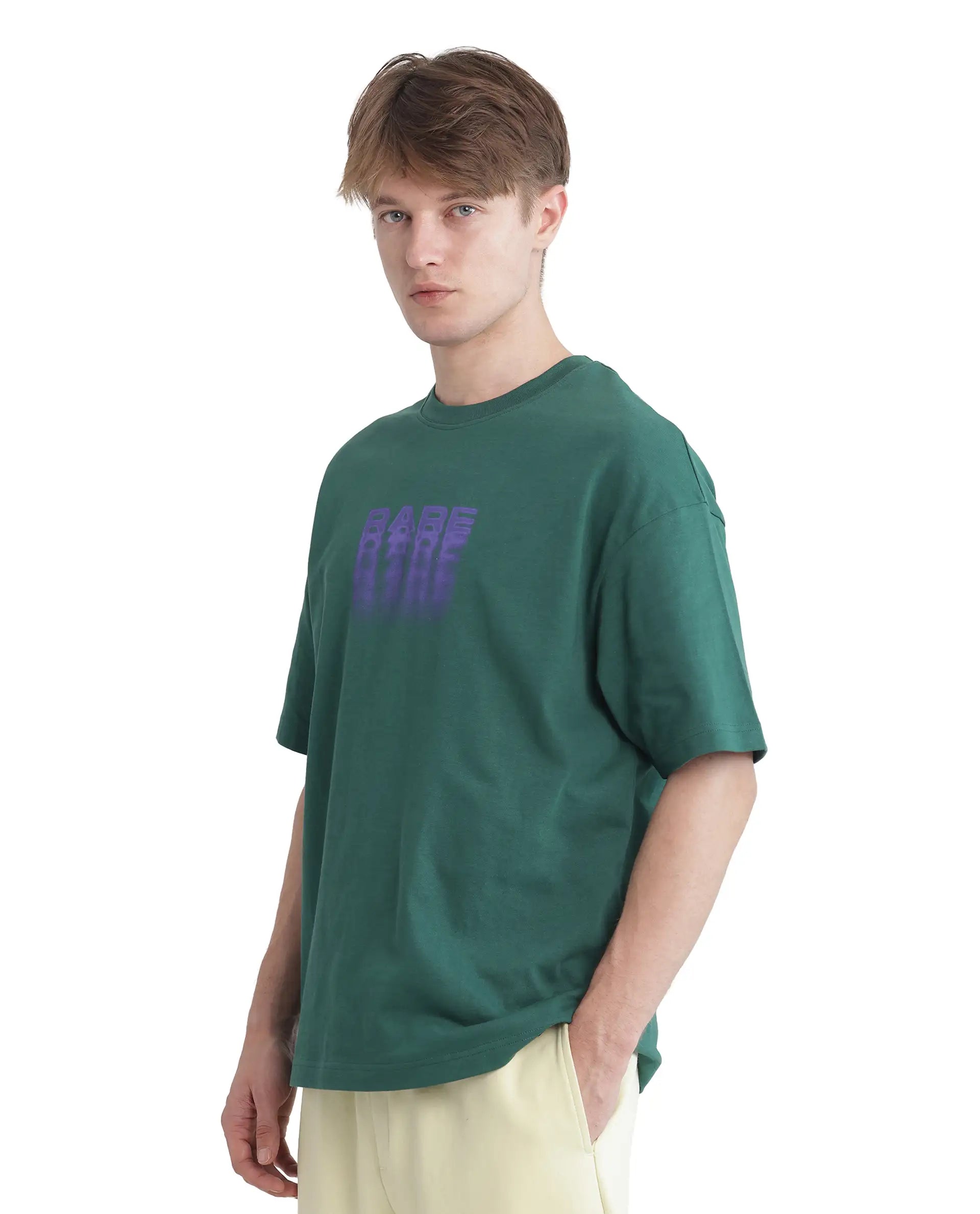 Rare Rabbit Men Act Dark Dark Green Cotton Fabric Short Sleeve Crew Neck Slip-On Oversized Fit Graphic Print T-Shirt