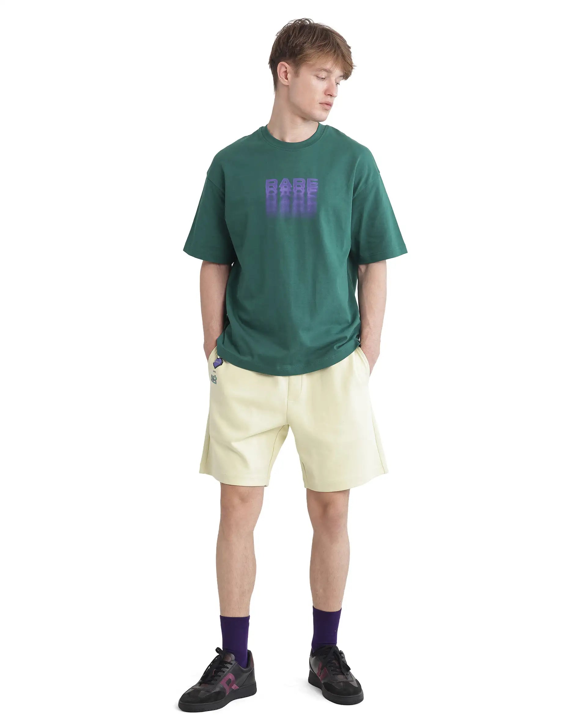 Rare Rabbit Men Act Dark Dark Green Cotton Fabric Short Sleeve Crew Neck Slip-On Oversized Fit Graphic Print T-Shirt