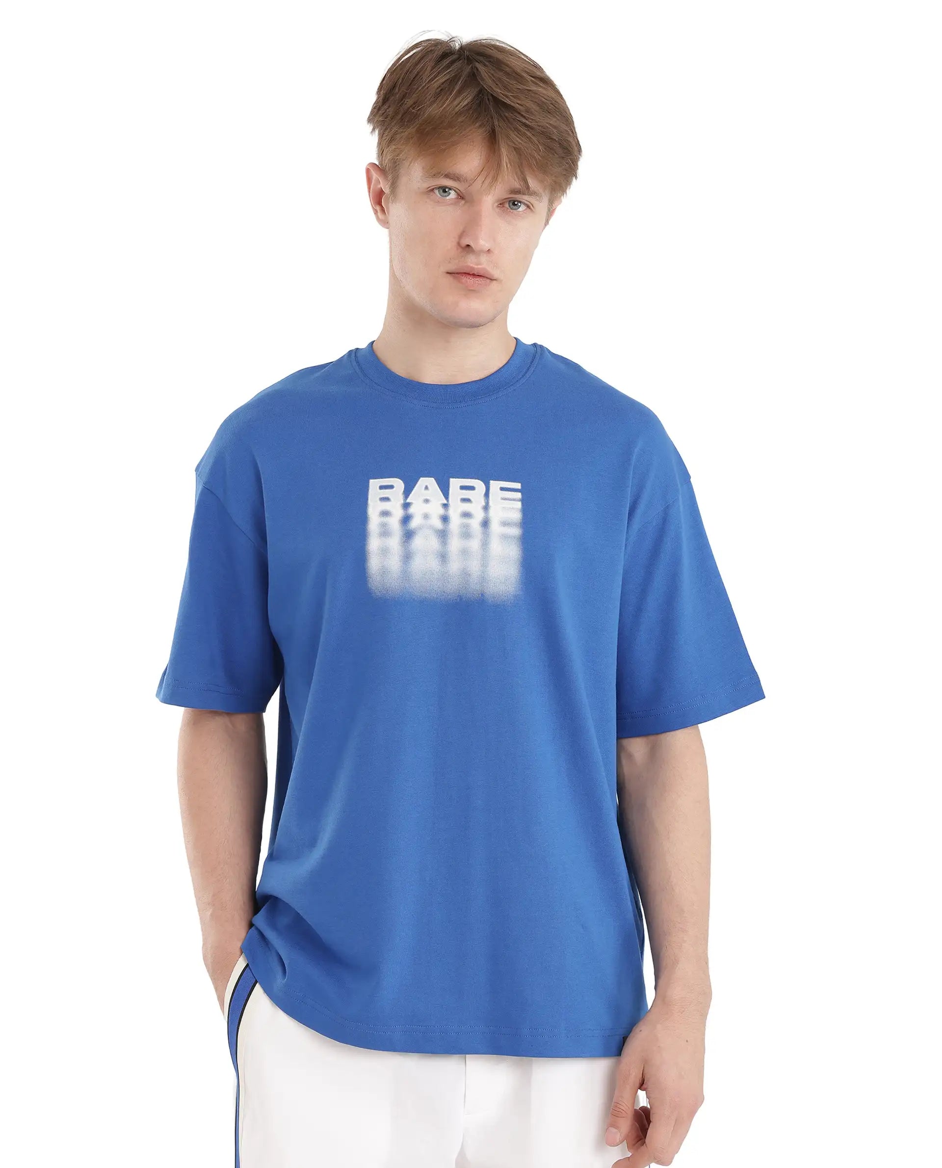 Rare Rabbit Men Act Dark Blue Cotton Fabric Short Sleeve Crew Neck Slip-On Oversized Fit Graphic Print T-Shirt