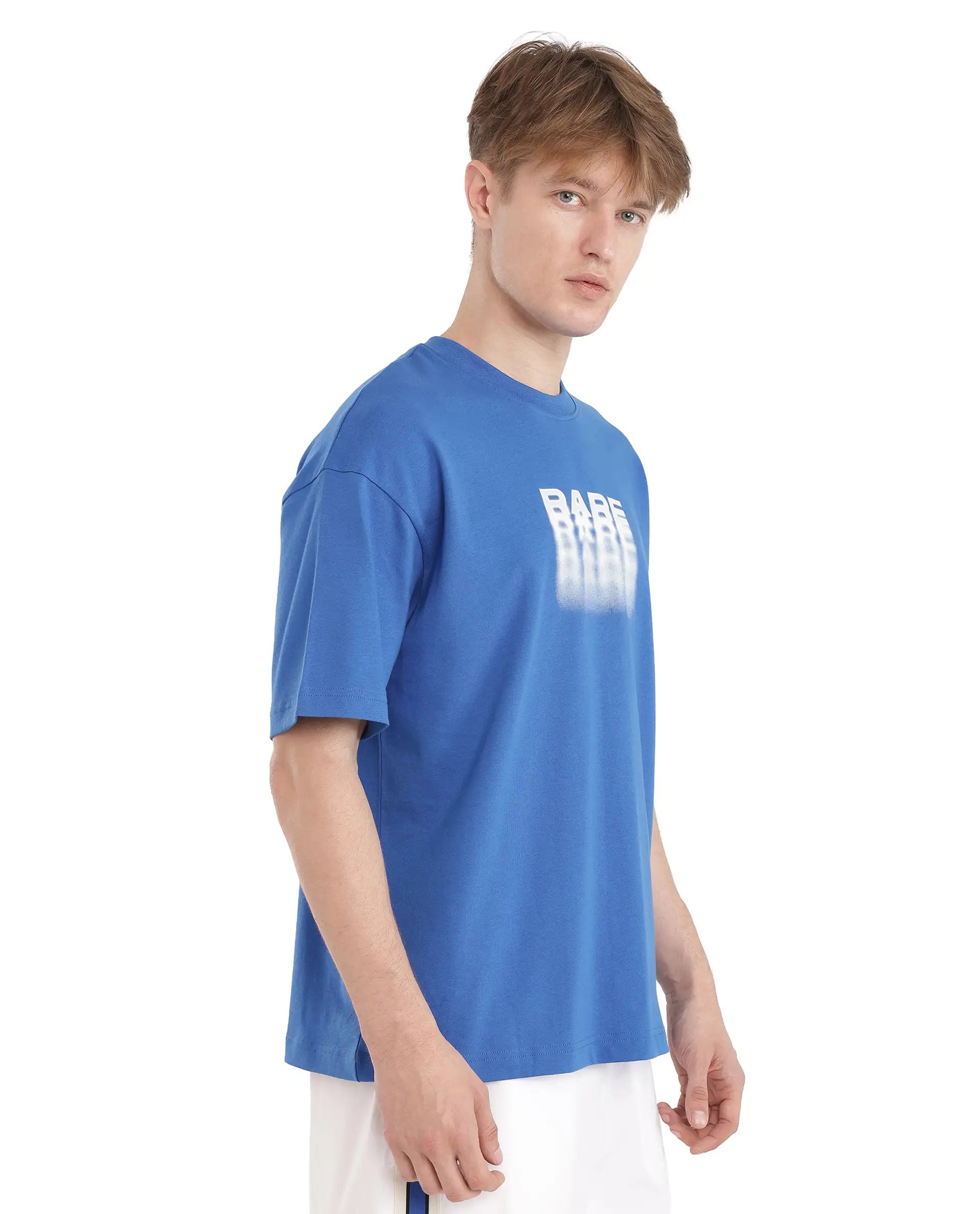 Rare Rabbit Men Act Dark Blue Cotton Fabric Short Sleeve Crew Neck Slip-On Oversized Fit Graphic Print T-Shirt