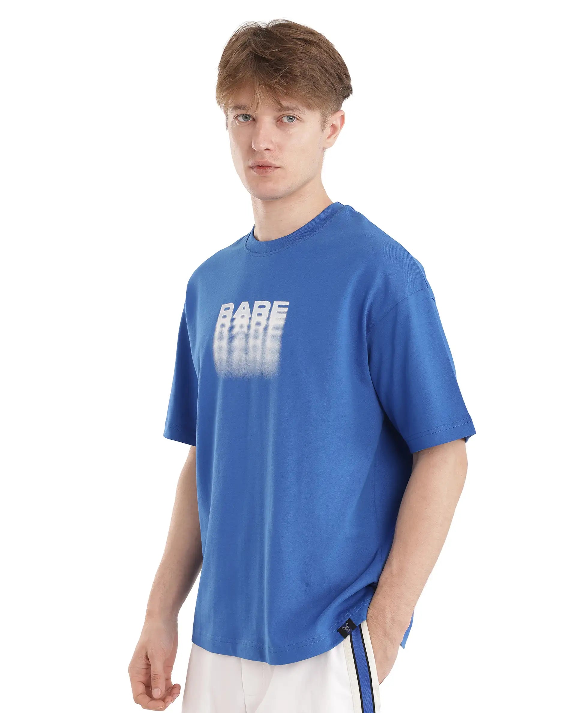 Rare Rabbit Men Act Dark Blue Cotton Fabric Short Sleeve Crew Neck Slip-On Oversized Fit Graphic Print T-Shirt