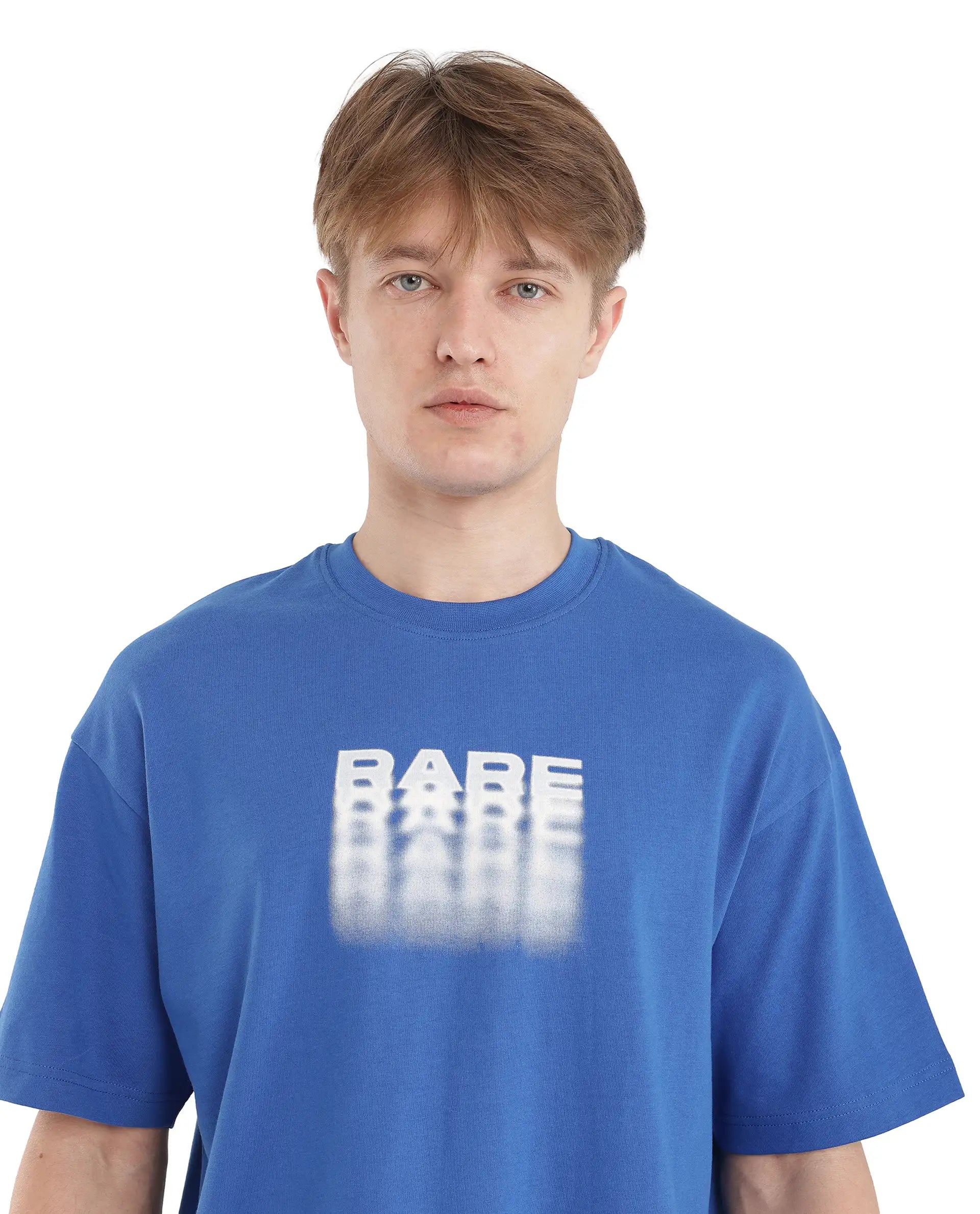 Rare Rabbit Men Act Dark Blue Cotton Fabric Short Sleeve Crew Neck Slip-On Oversized Fit Graphic Print T-Shirt