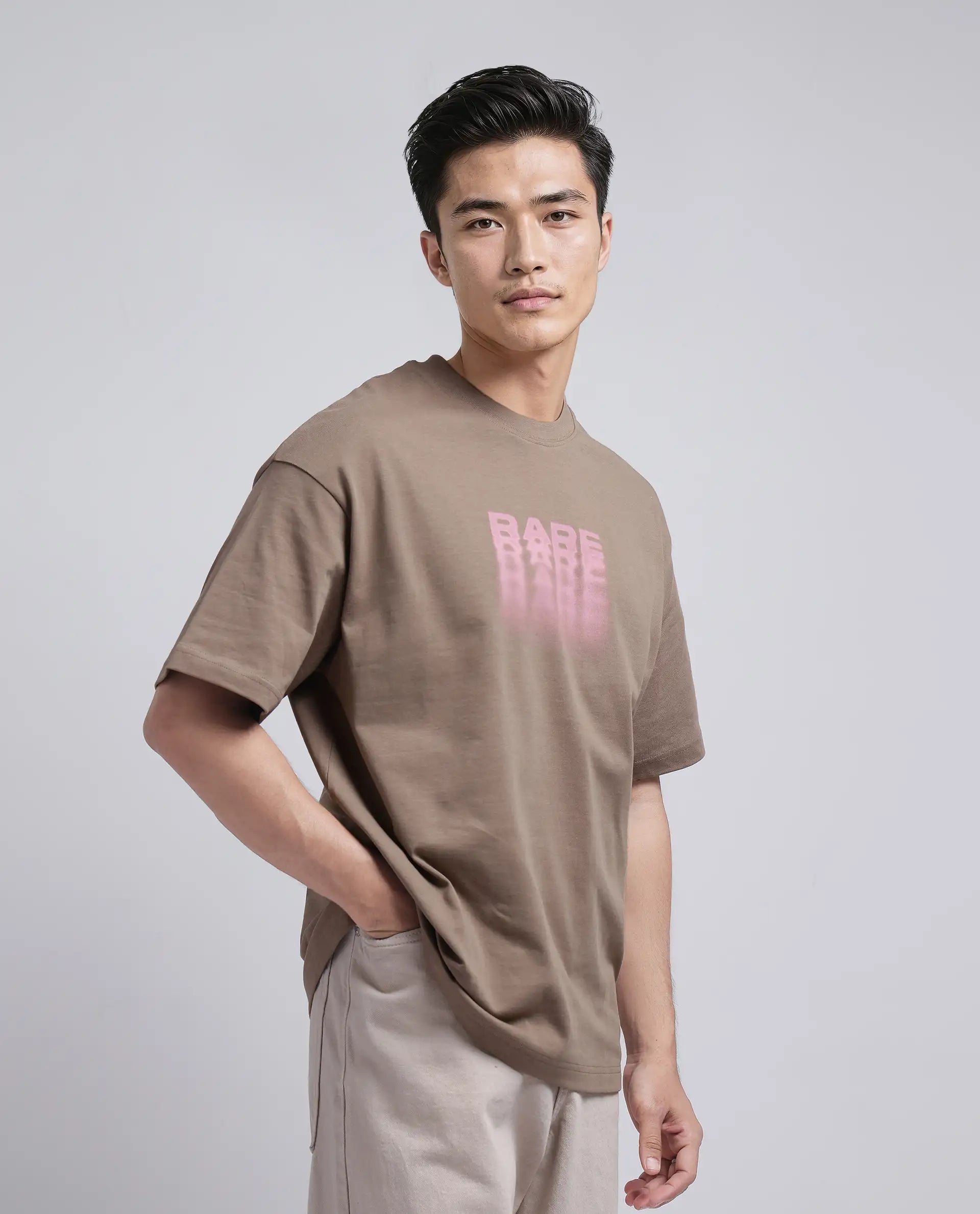 Rare Rabbit Men Act Dusky Dusky Grey Cotton Fabric Short Sleeve Crew Neck Slip-On Oversized Fit Graphic Print T-Shirt