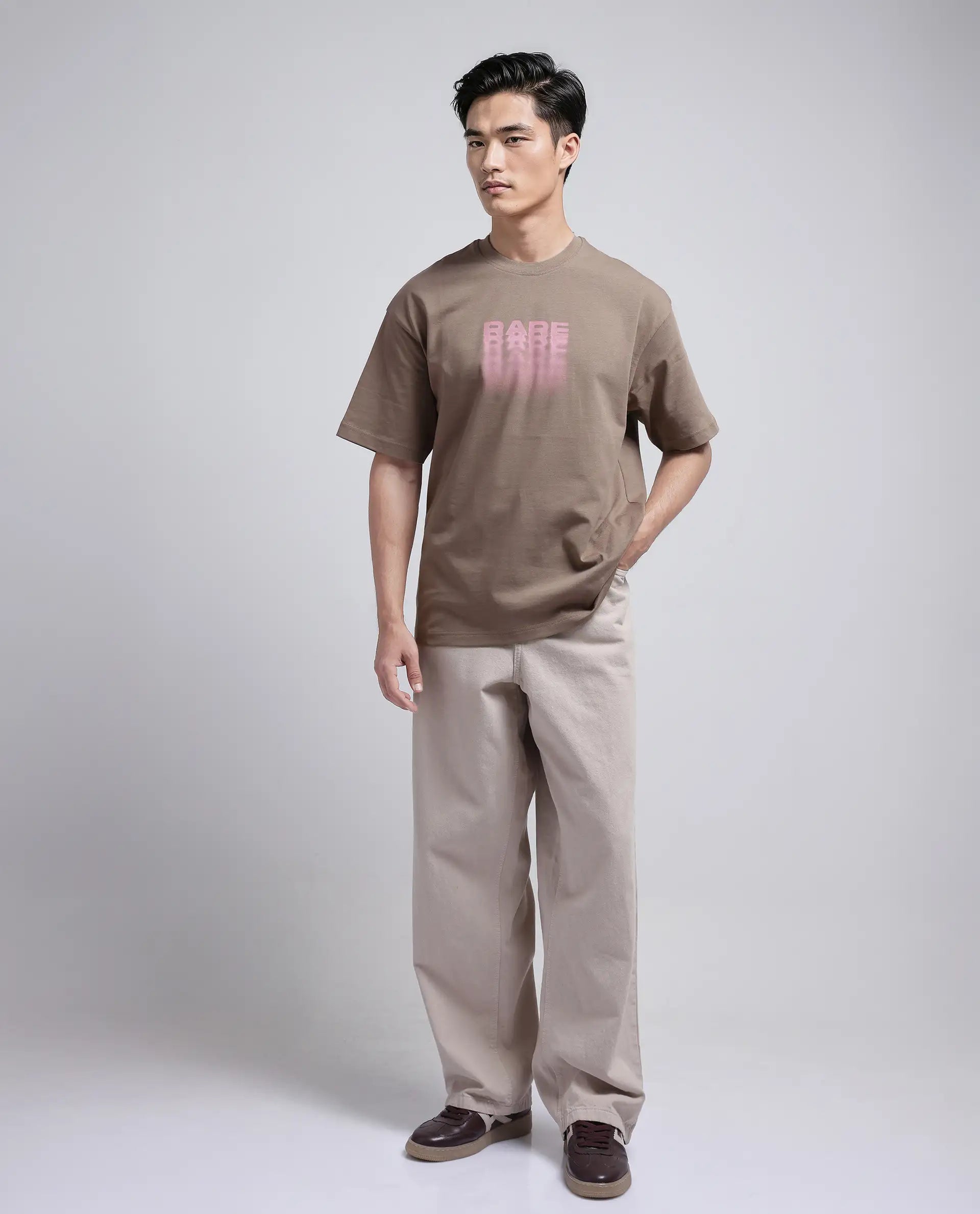 Rare Rabbit Men Act Dusky Dusky Grey Cotton Fabric Short Sleeve Crew Neck Slip-On Oversized Fit Graphic Print T-Shirt