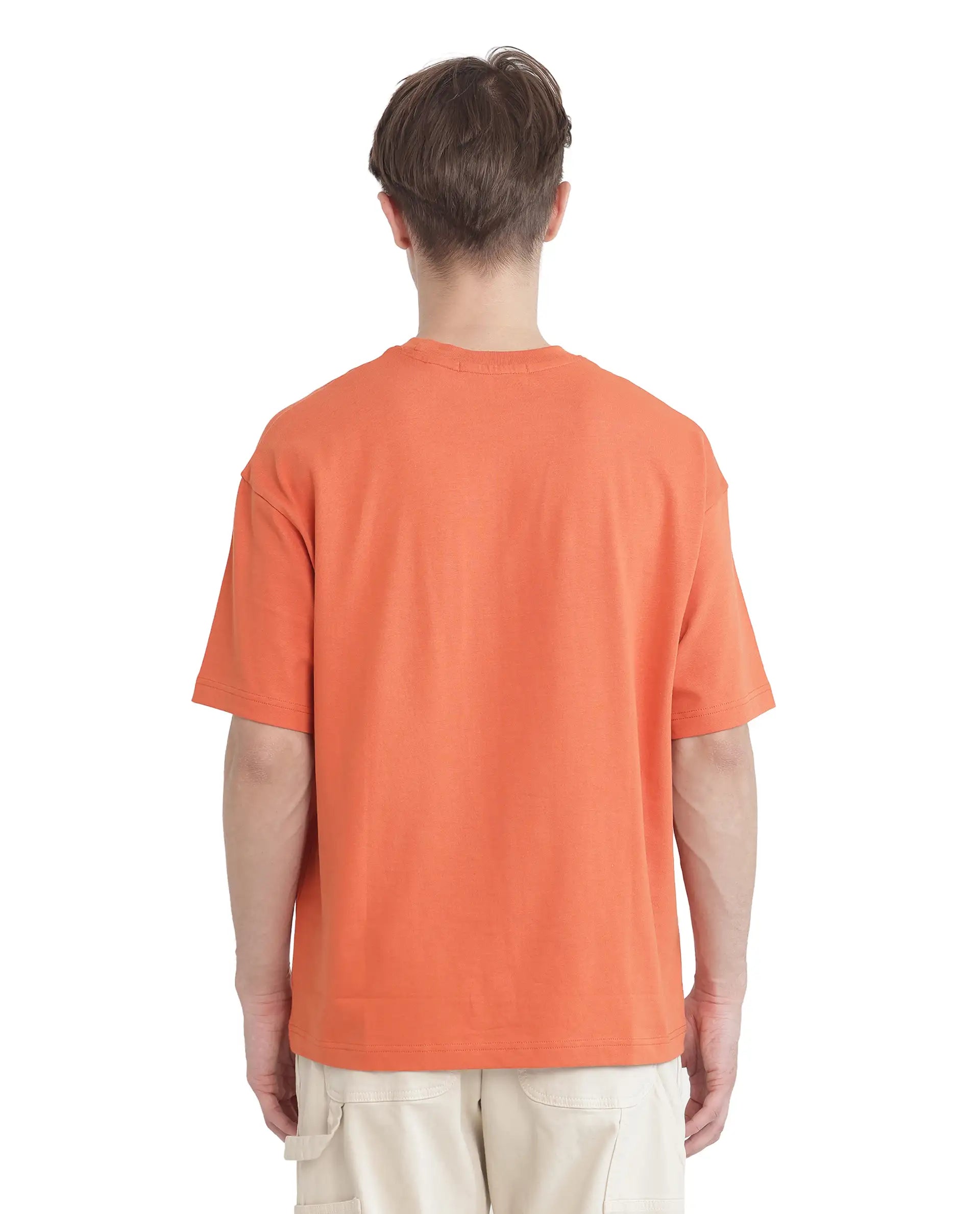 Rare Rabbit Men Act Orange Cotton Fabric Short Sleeve Crew Neck Slip-On Oversized Fit Graphic Print T-Shirt