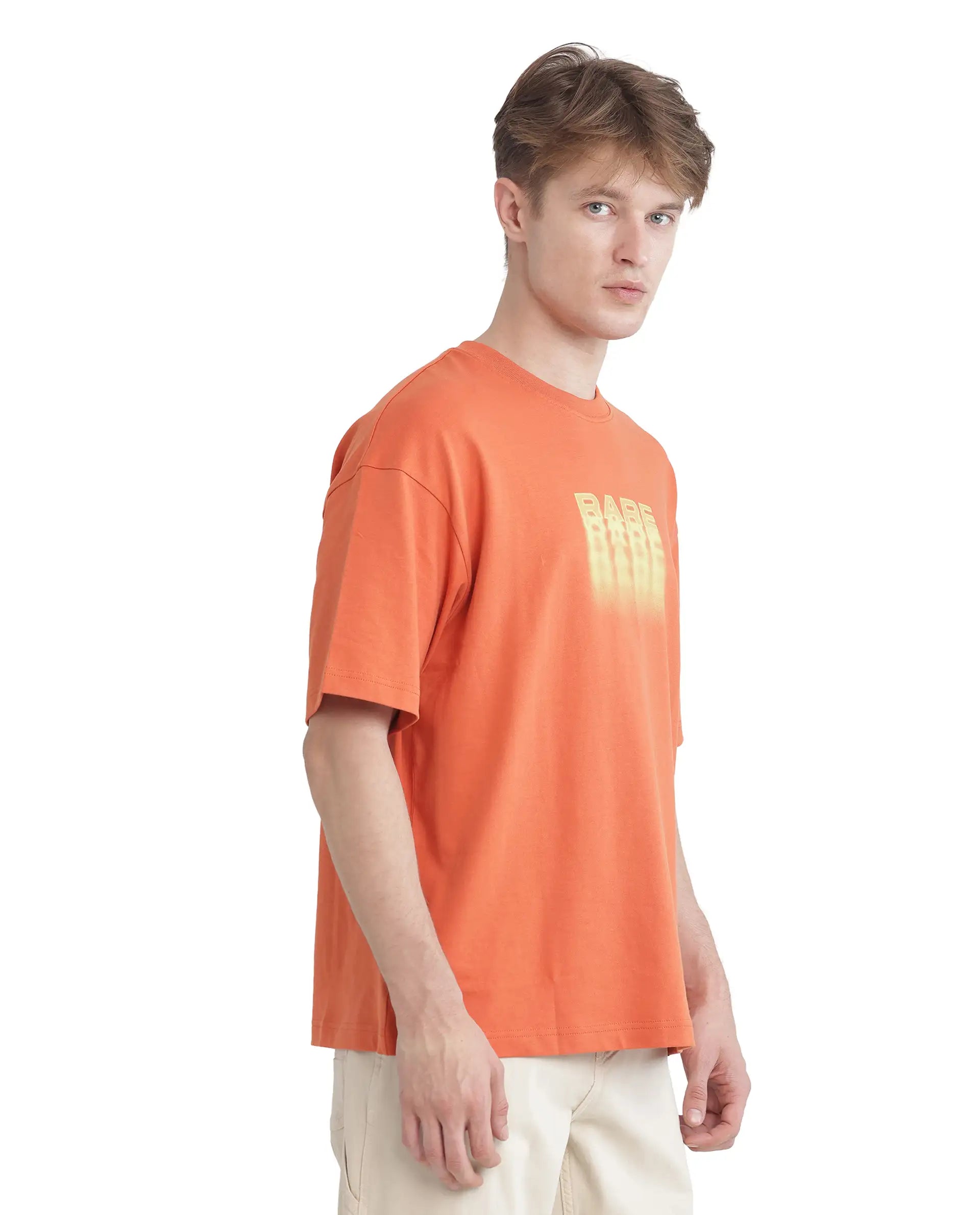 Rare Rabbit Men Act Orange Cotton Fabric Short Sleeve Crew Neck Slip-On Oversized Fit Graphic Print T-Shirt