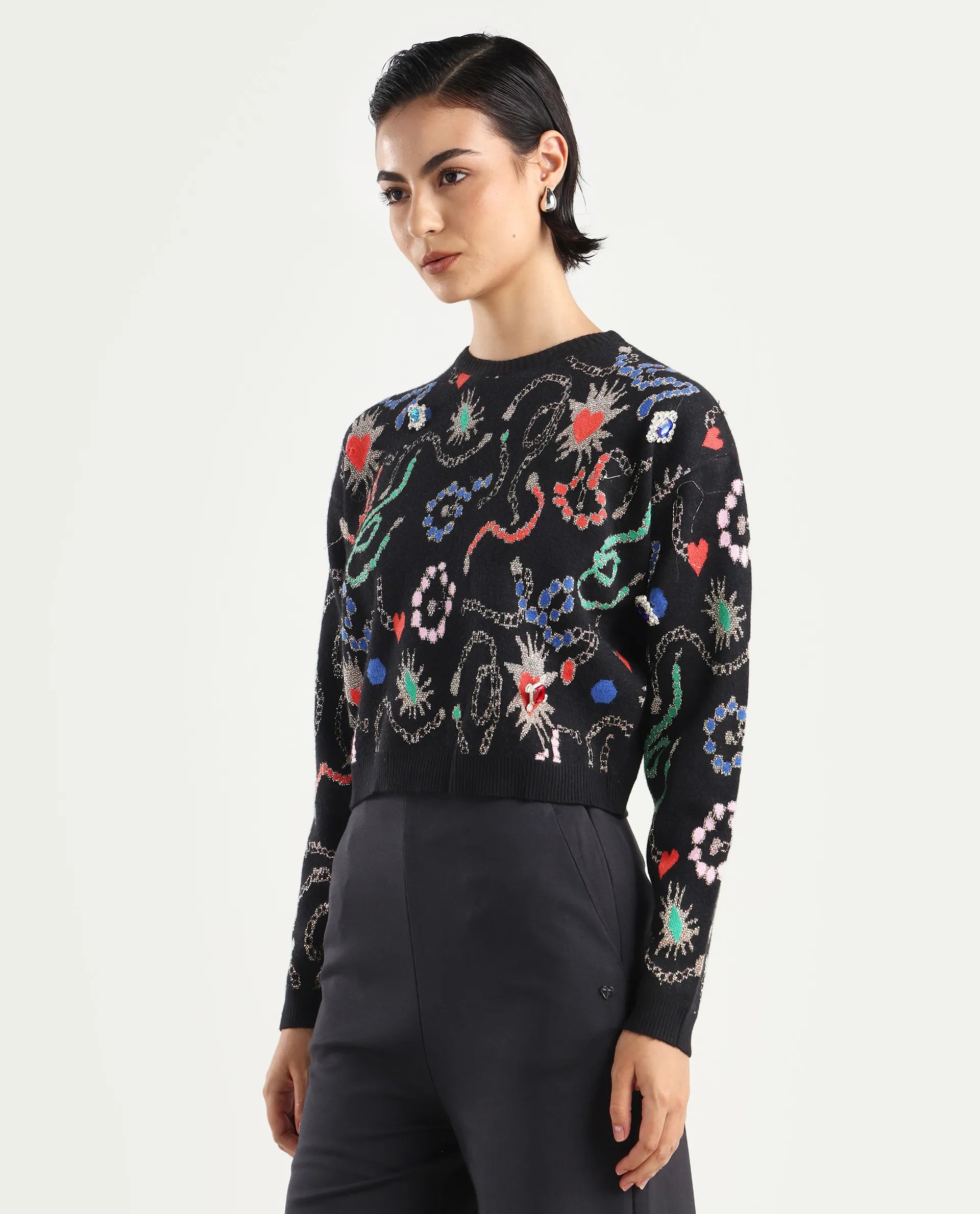 Rareism Women's Adana Black Viscose Crew Neck Abstract Print Regular Fit Sweater