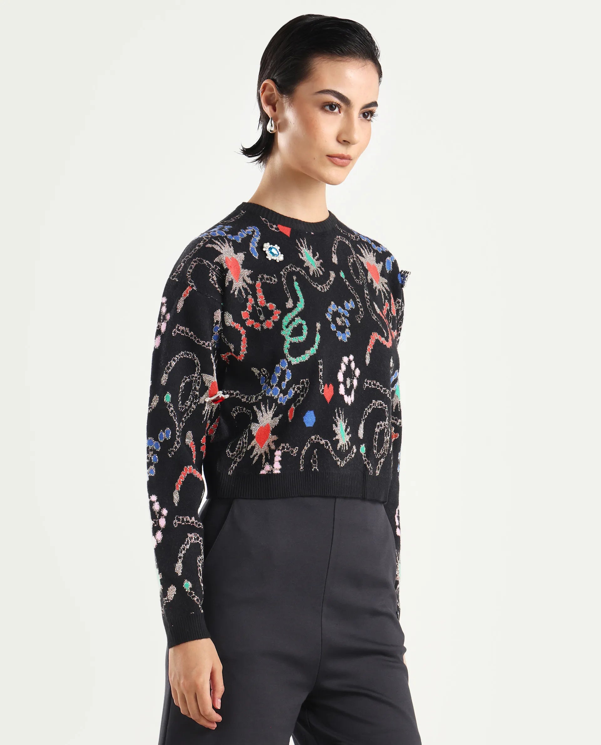 Rareism Women's Adana Black Viscose Crew Neck Abstract Print Regular Fit Sweater