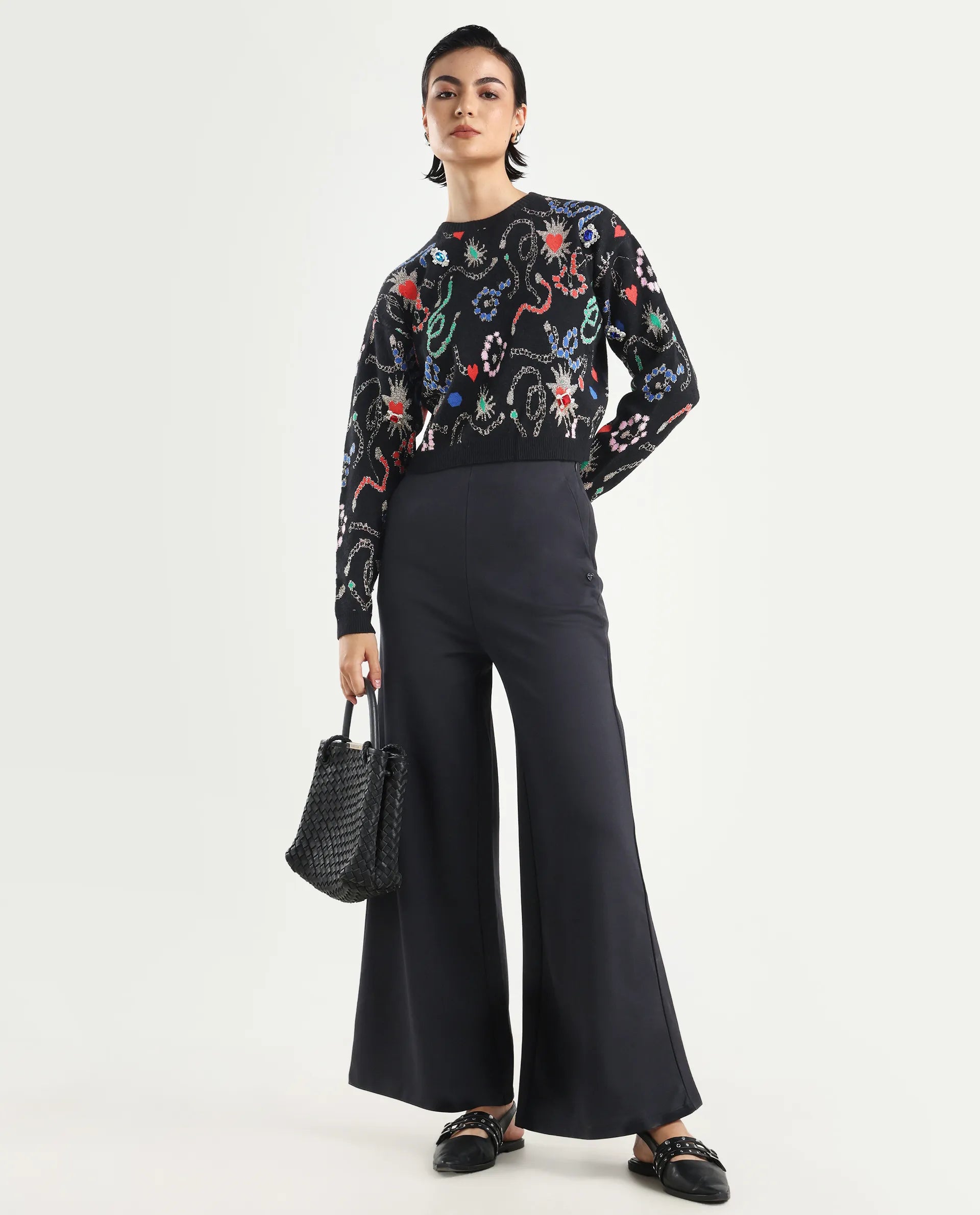 Rareism Women's Adana Black Viscose Crew Neck Abstract Print Regular Fit Sweater