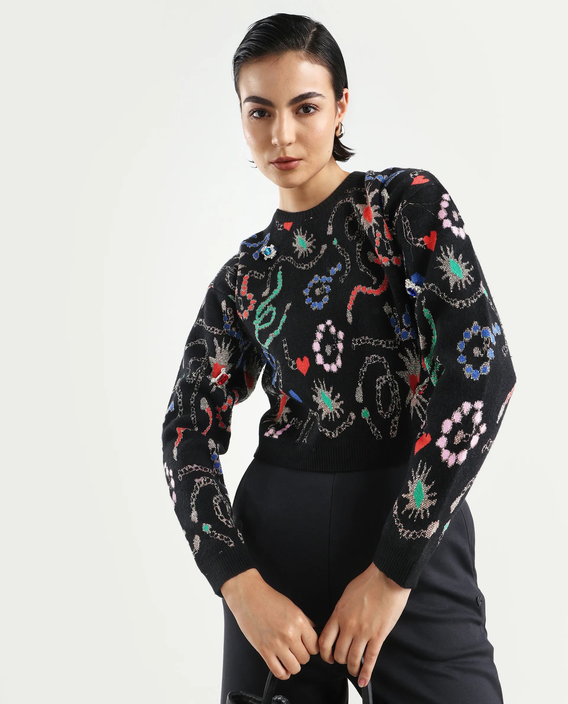 Rareism Women's Adana Black Viscose Crew Neck Abstract Print Regular Fit Sweater