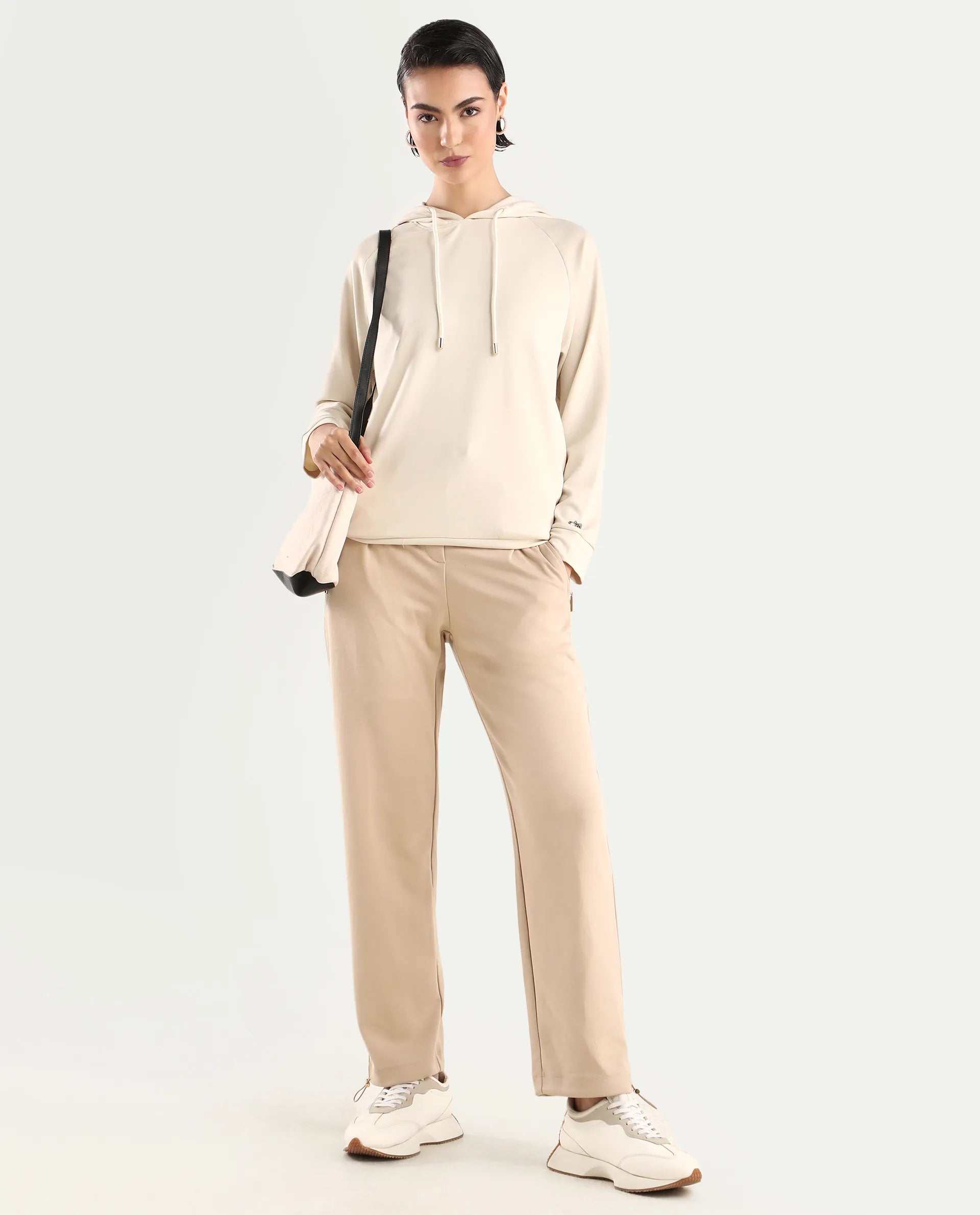 Rareism Women's Adani Off White Modal Blend Hooded Plain Relaxed Fit Sweatshirt