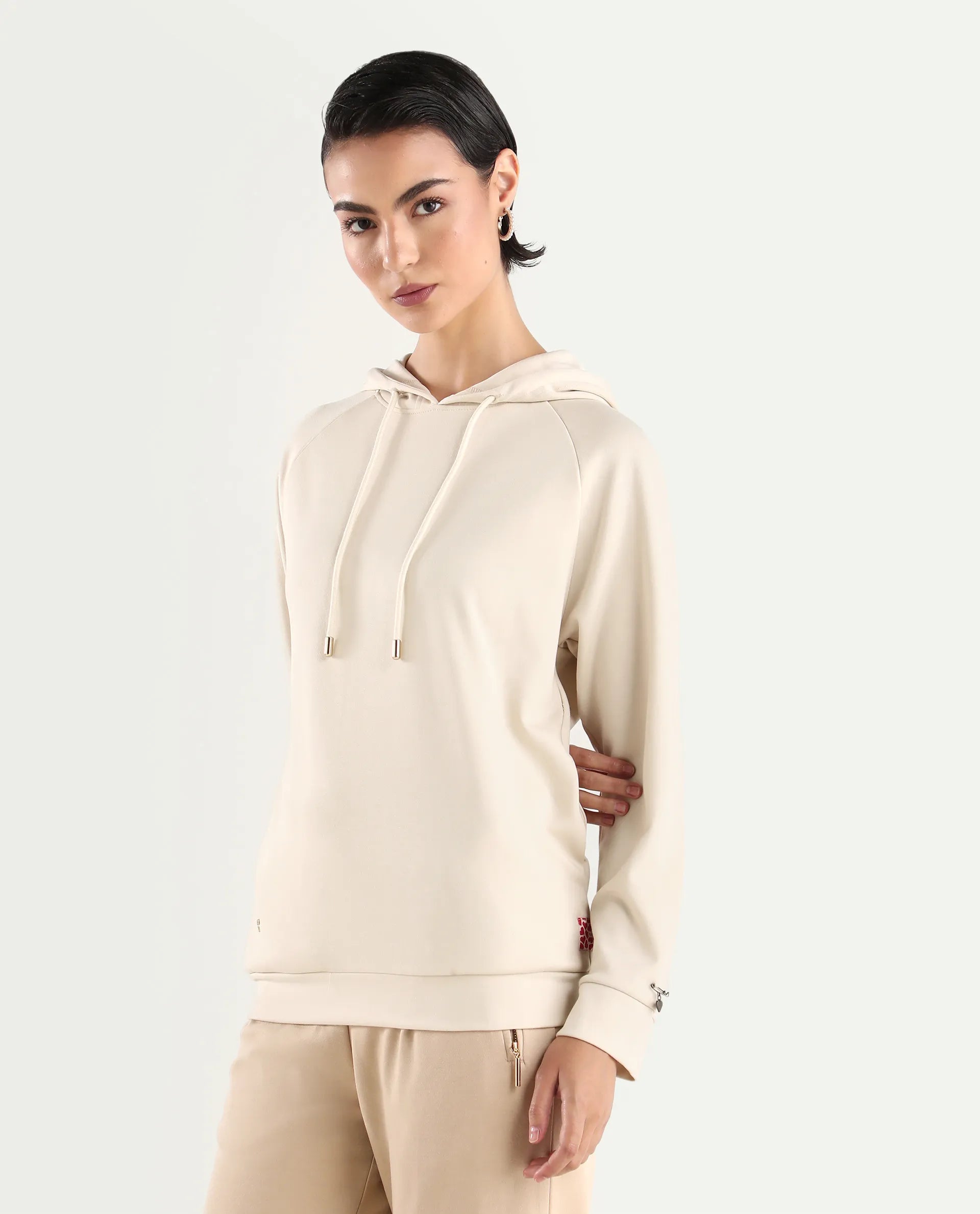 Rareism Women's Adani Off White Modal Blend Hooded Plain Relaxed Fit Sweatshirt