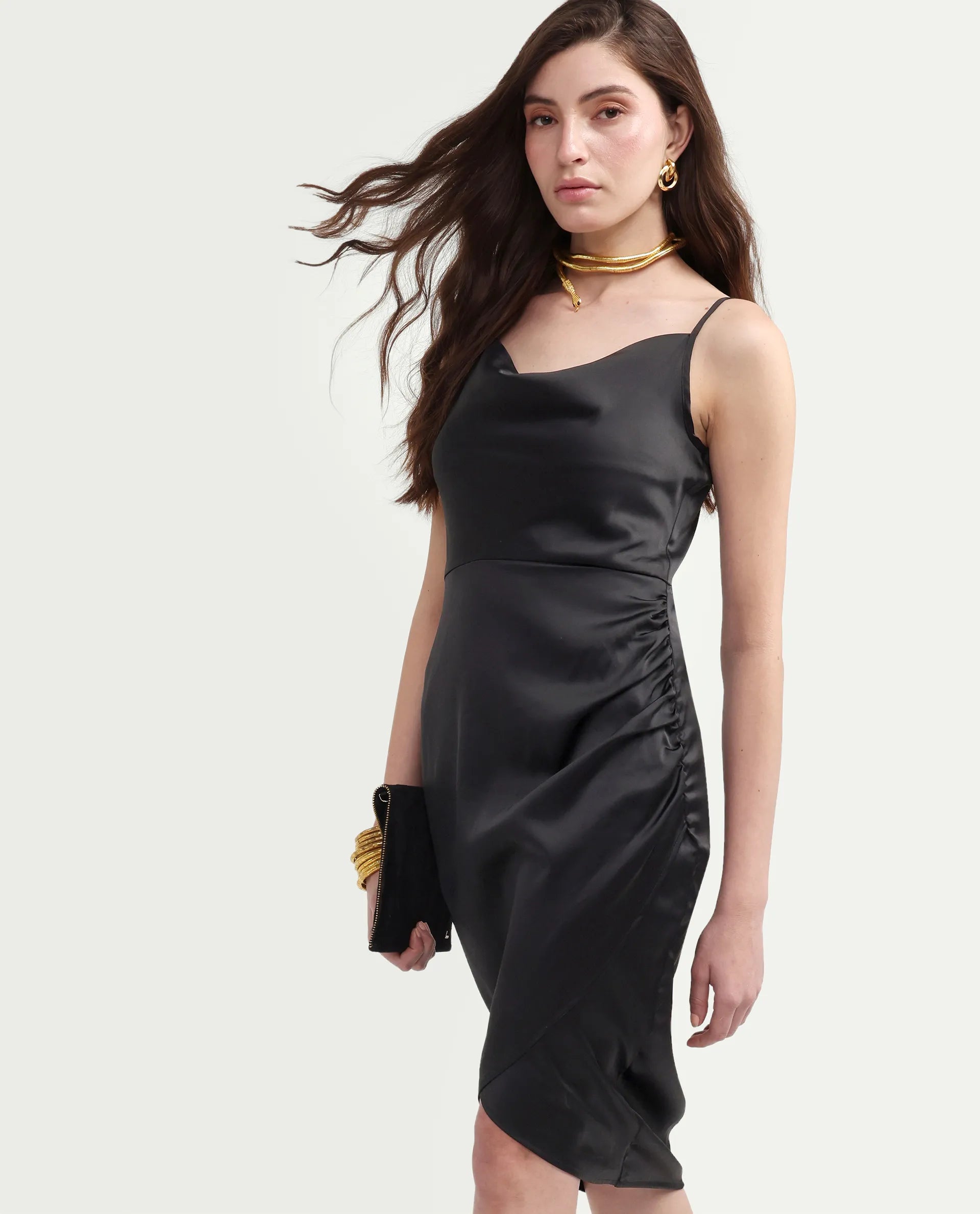 Rareism Women's Addilu Black Polyester Shoulder Straps Zipper Fitted Plain Dress