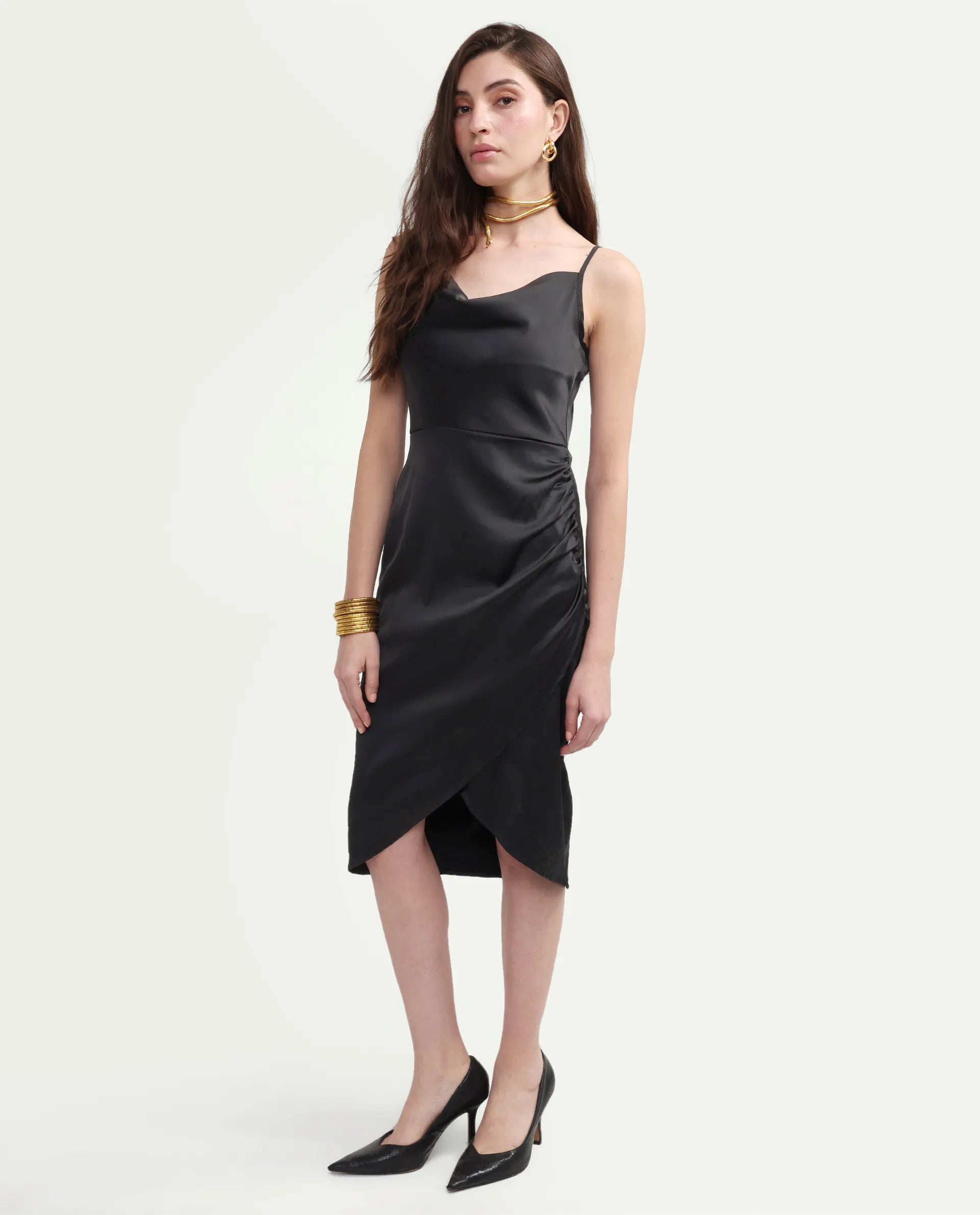 Rareism Women's Addilu Black Polyester Shoulder Straps Zipper Fitted Plain Dress