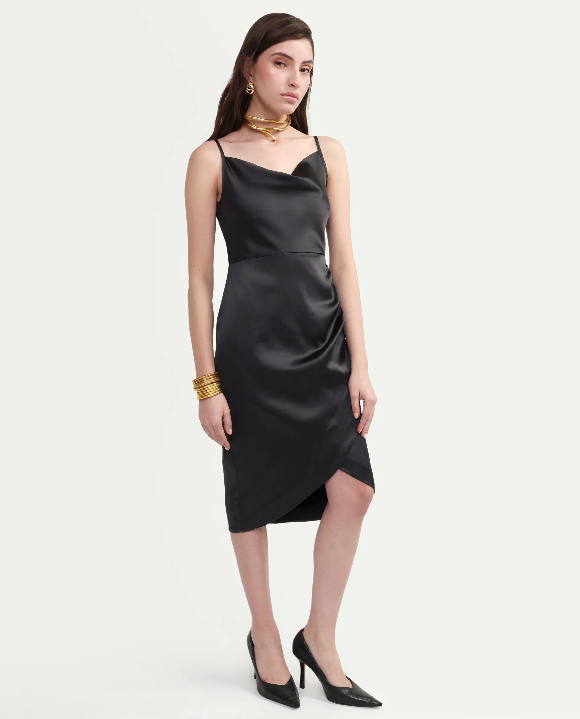 Rareism Women's Addilu Black Polyester Shoulder Straps Zipper Fitted Plain Dress