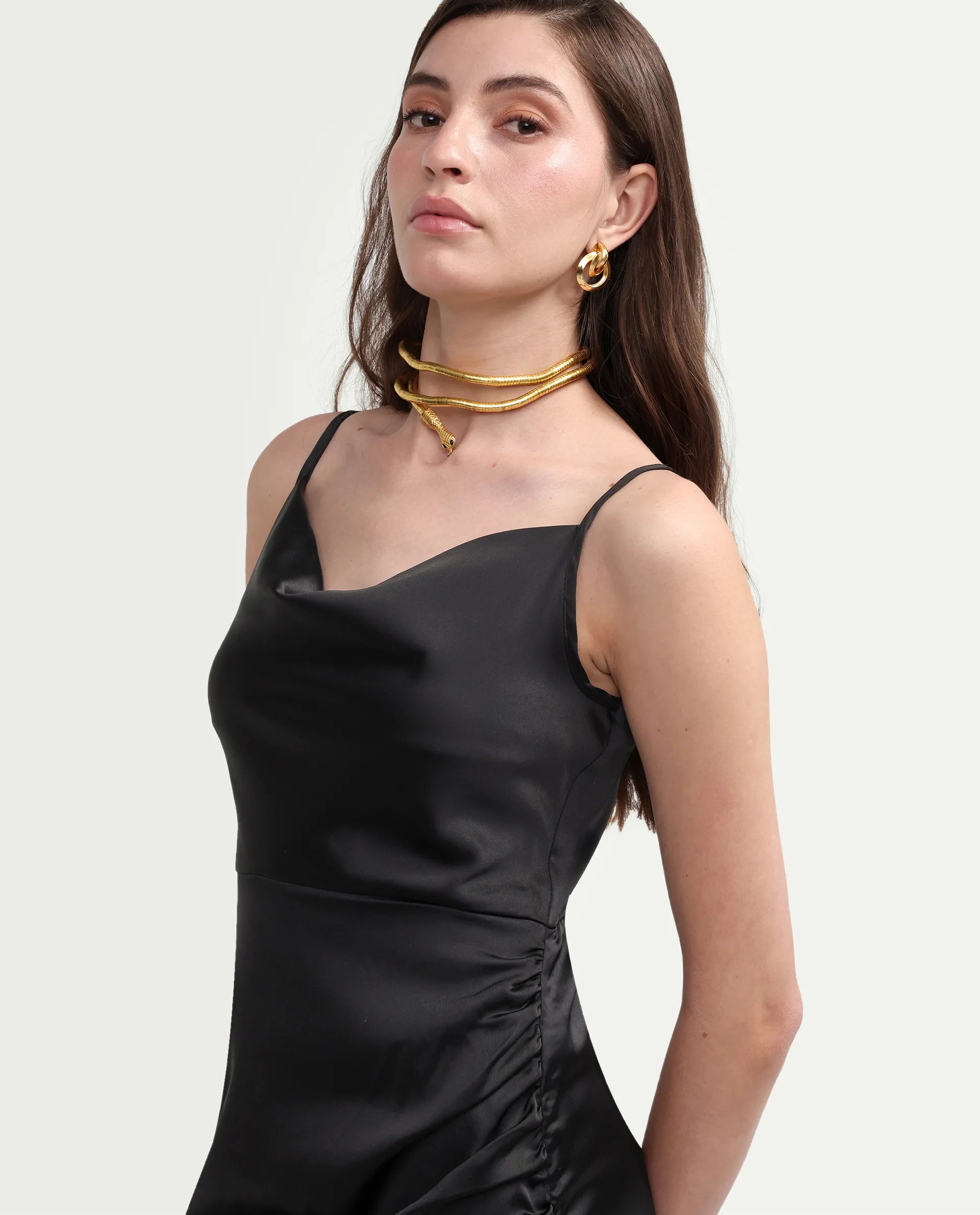 Rareism Women's Addilu Black Polyester Shoulder Straps Zipper Fitted Plain Dress
