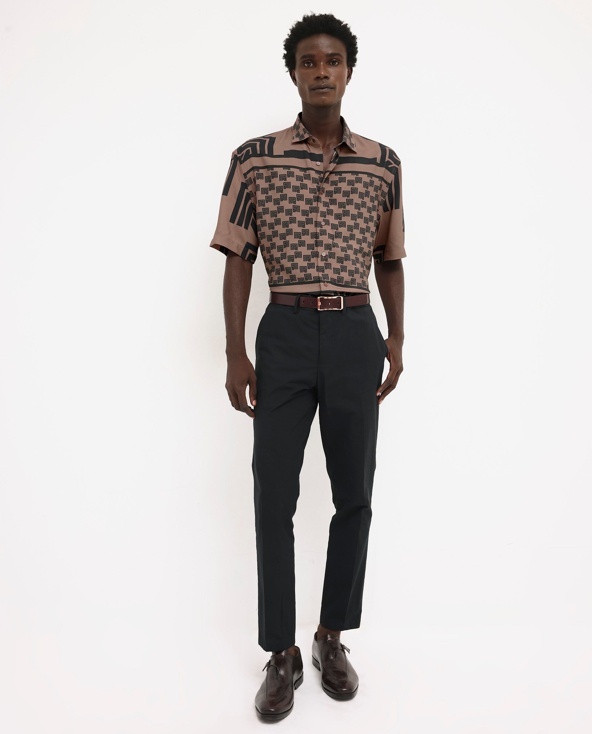 Rare Rabbit Men's Ade Brown Viscose Fabric Short Sleeve Boxy Fit Monogram Print Shirt