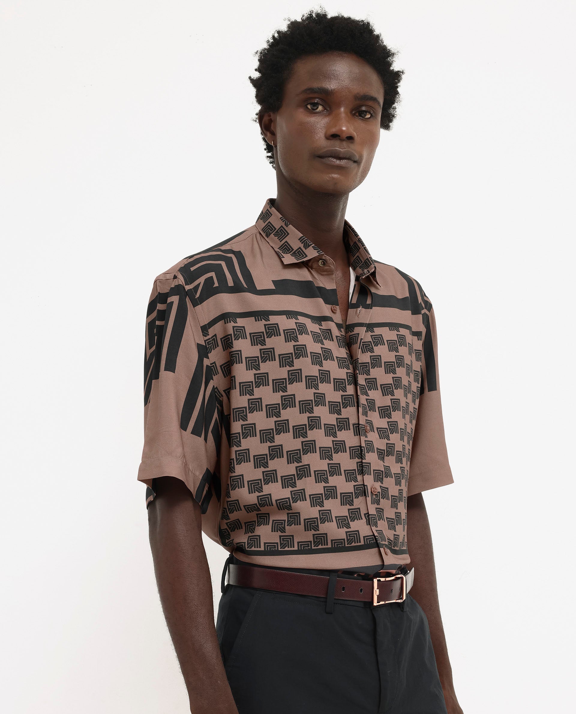 Rare Rabbit Men's Ade Brown Viscose Fabric Short Sleeve Boxy Fit Monogram Print Shirt