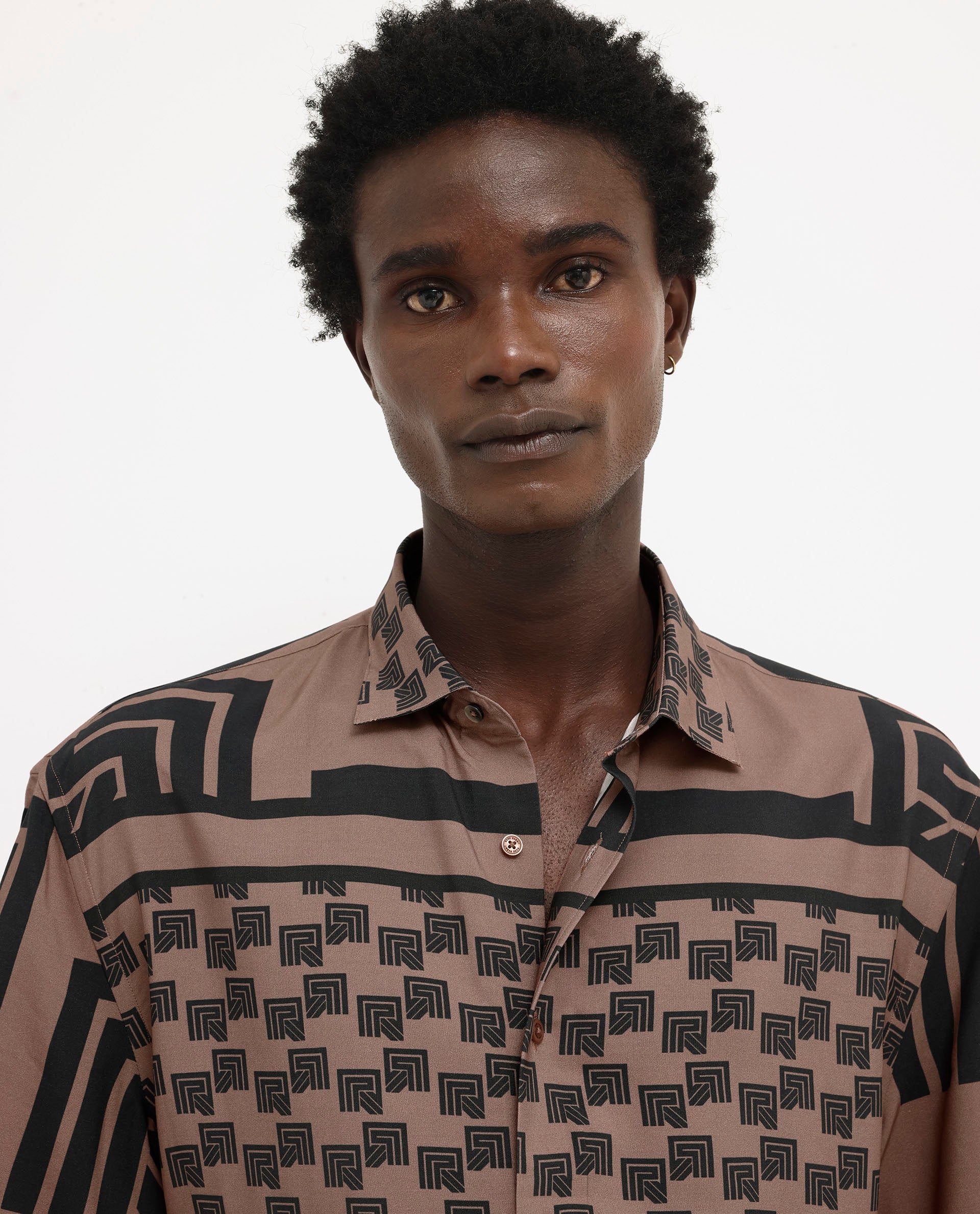 Rare Rabbit Men's Ade Brown Viscose Fabric Short Sleeve Boxy Fit Monogram Print Shirt