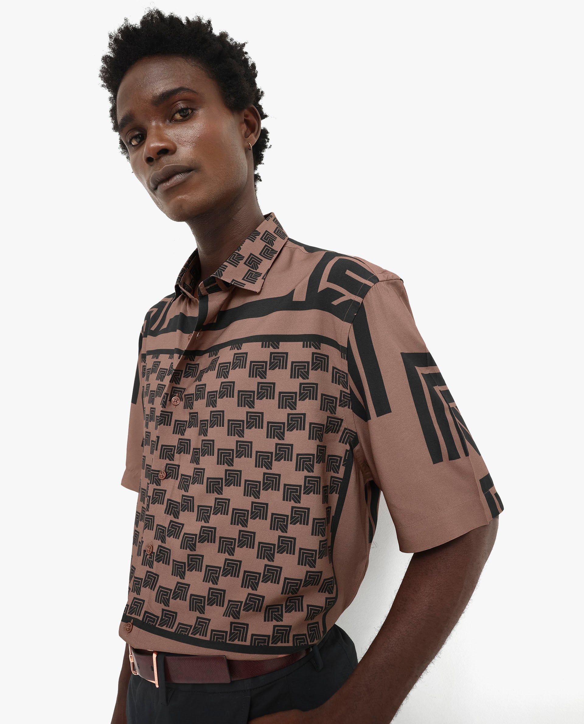 Rare Rabbit Men's Ade Brown Viscose Fabric Short Sleeve Boxy Fit Monogram Print Shirt