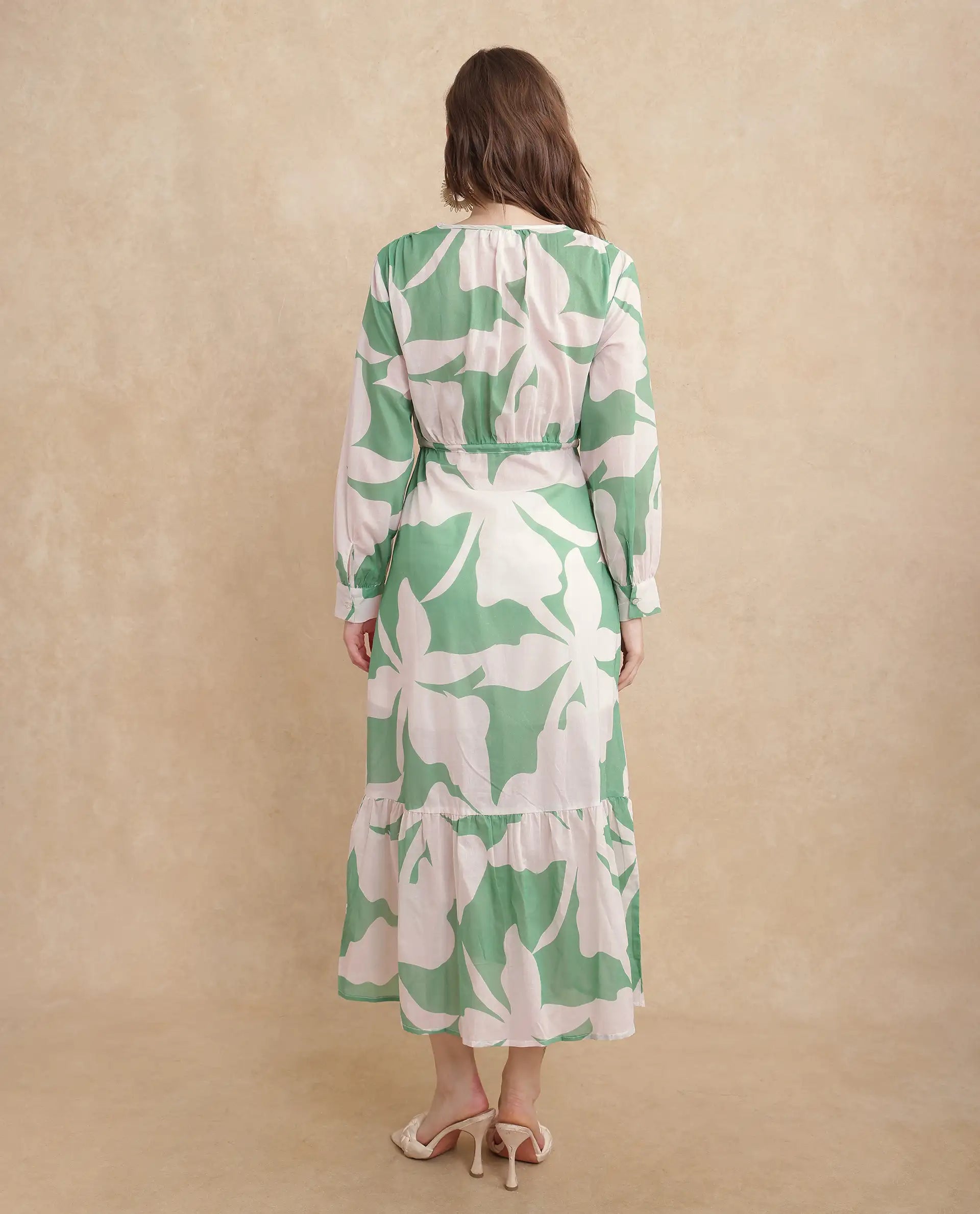 Rareism Women Adeley Dusky Green Full Sleeve V-Neck Button Closure A-Line Maxi Abstract Print Shrug