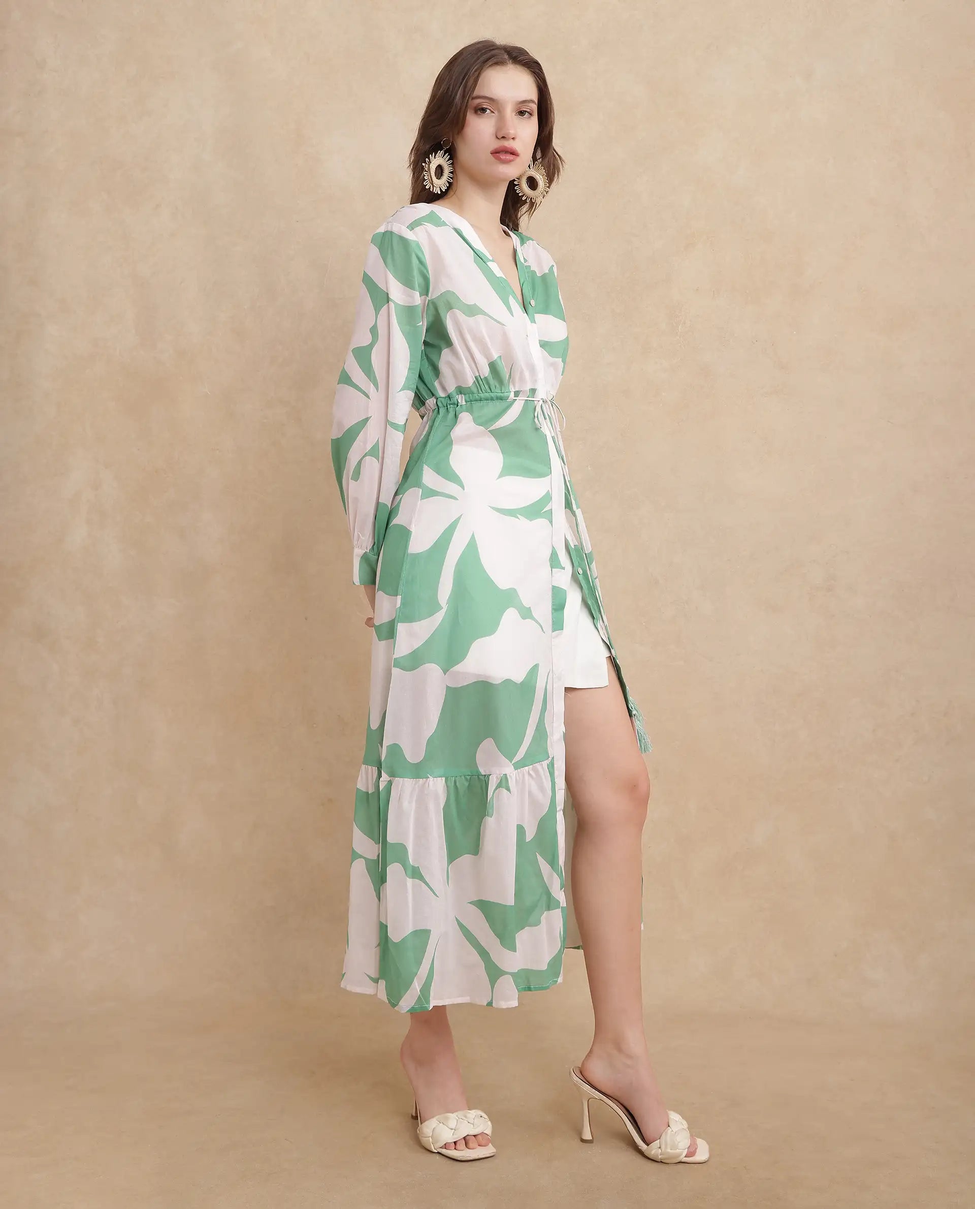 Rareism Women Adeley Dusky Green Full Sleeve V-Neck Button Closure A-Line Maxi Abstract Print Shrug