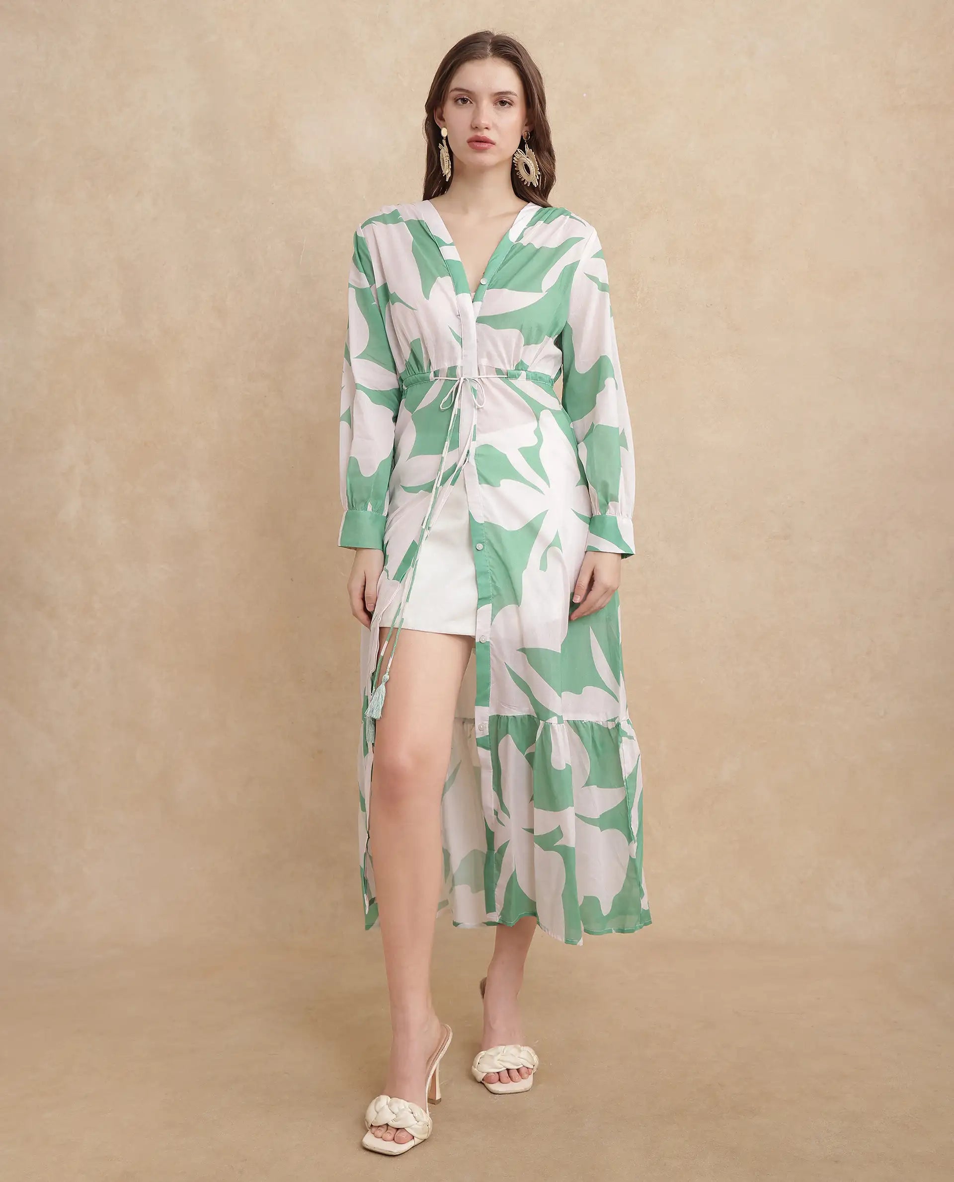 Rareism Women Adeley Dusky Green Full Sleeve V-Neck Button Closure A-Line Maxi Abstract Print Shrug