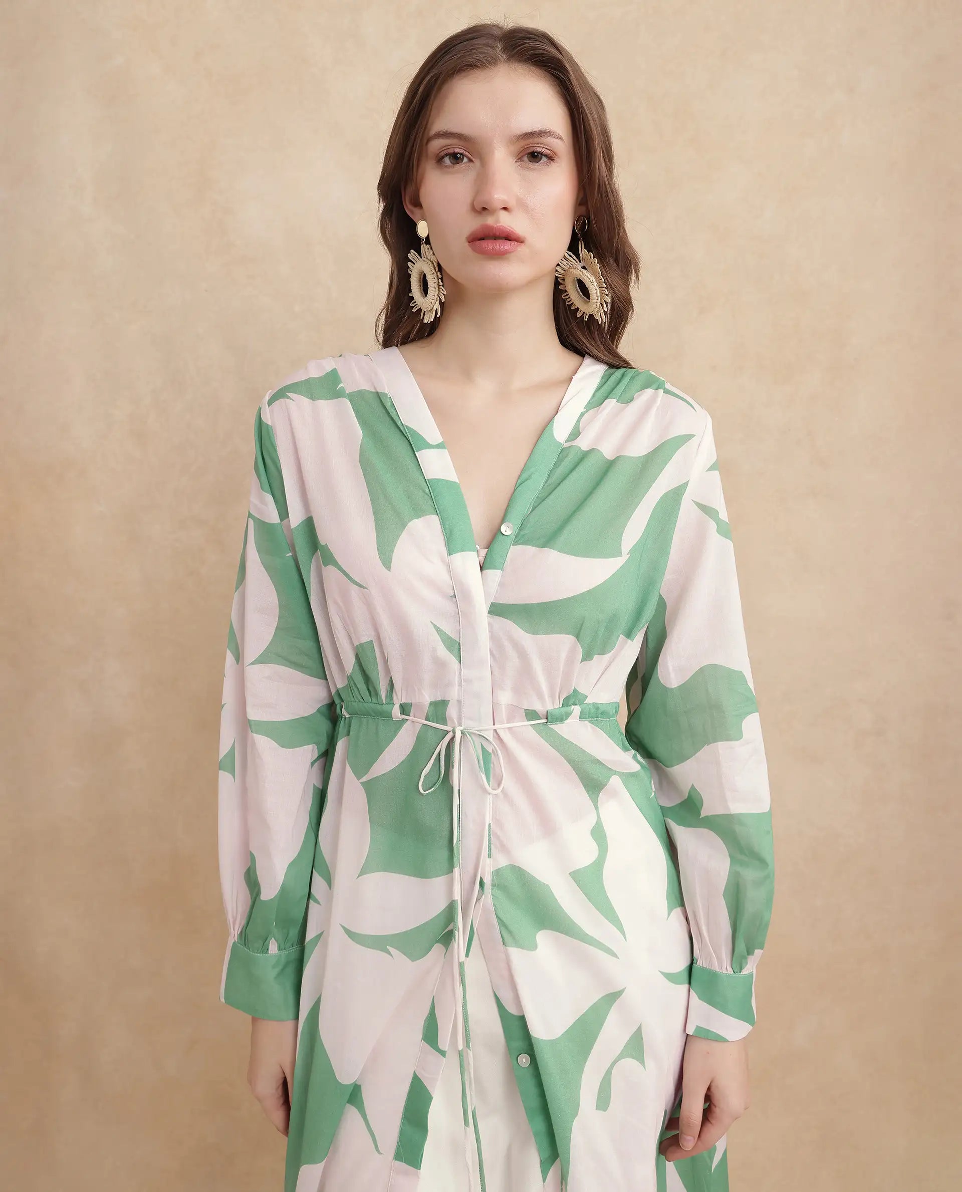 Rareism Women Adeley Dusky Green Full Sleeve V-Neck Button Closure A-Line Maxi Abstract Print Shrug