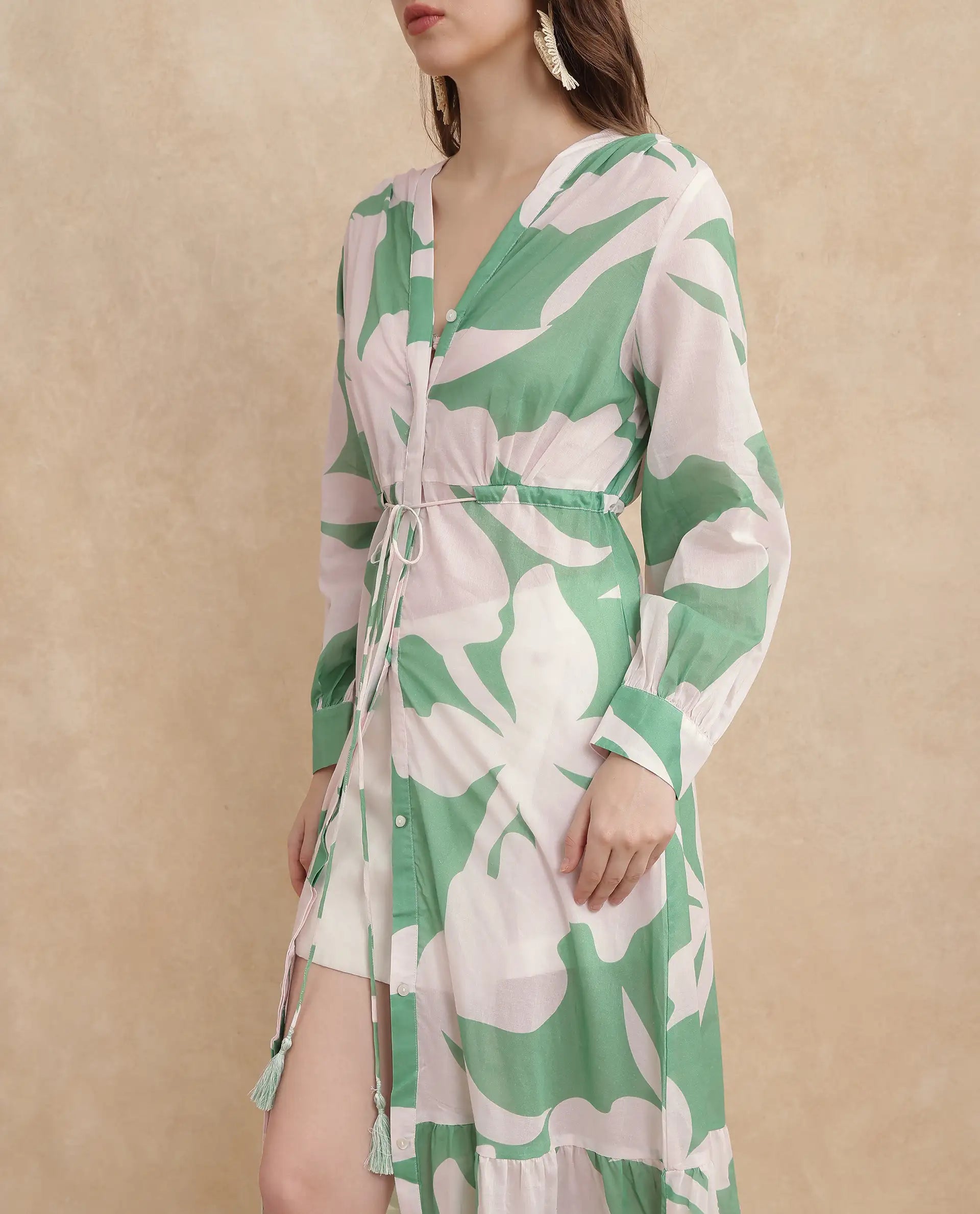 Rareism Women Adeley Dusky Green Full Sleeve V-Neck Button Closure A-Line Maxi Abstract Print Shrug