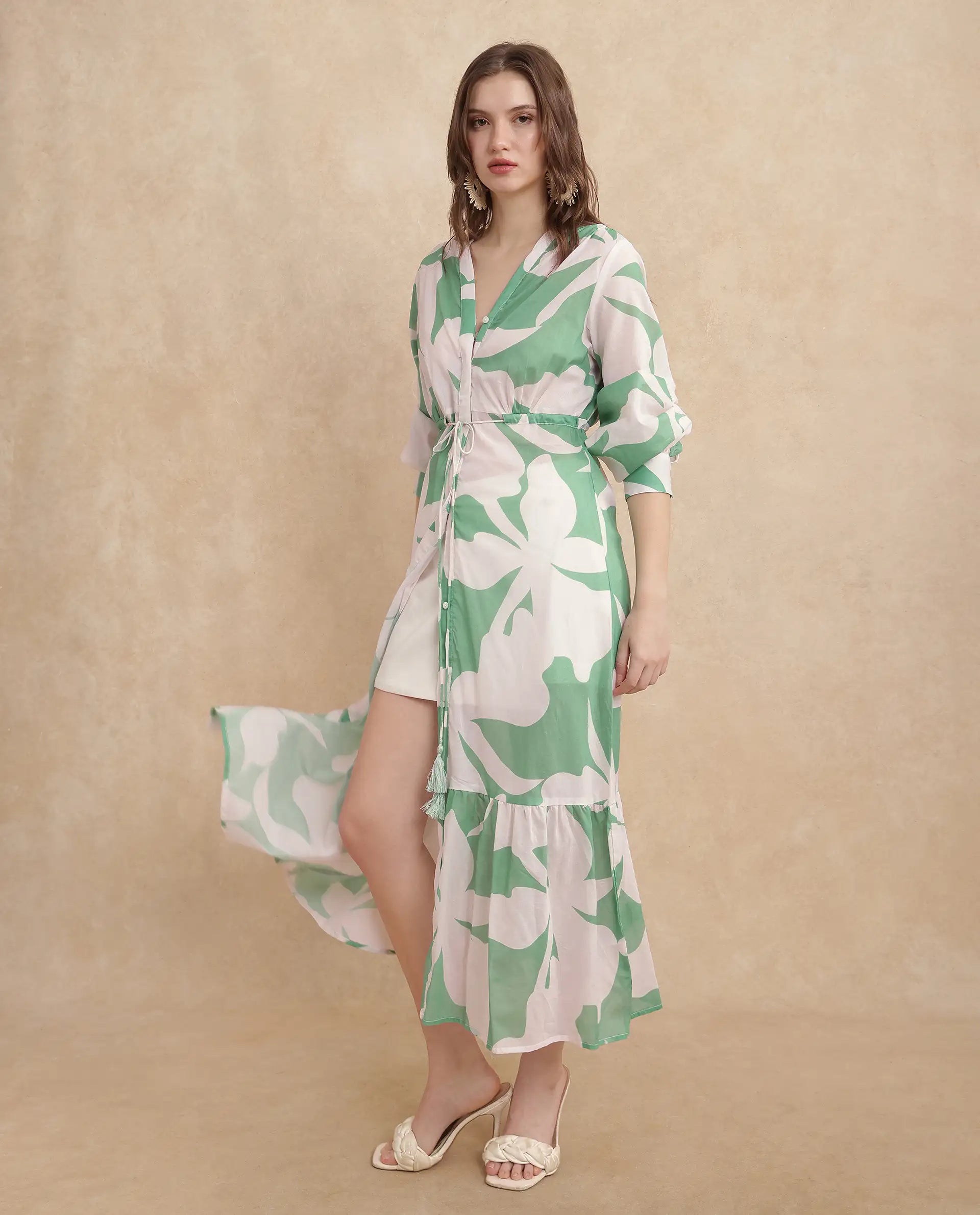 Rareism Women Adeley Dusky Green Full Sleeve V-Neck Button Closure A-Line Maxi Abstract Print Shrug