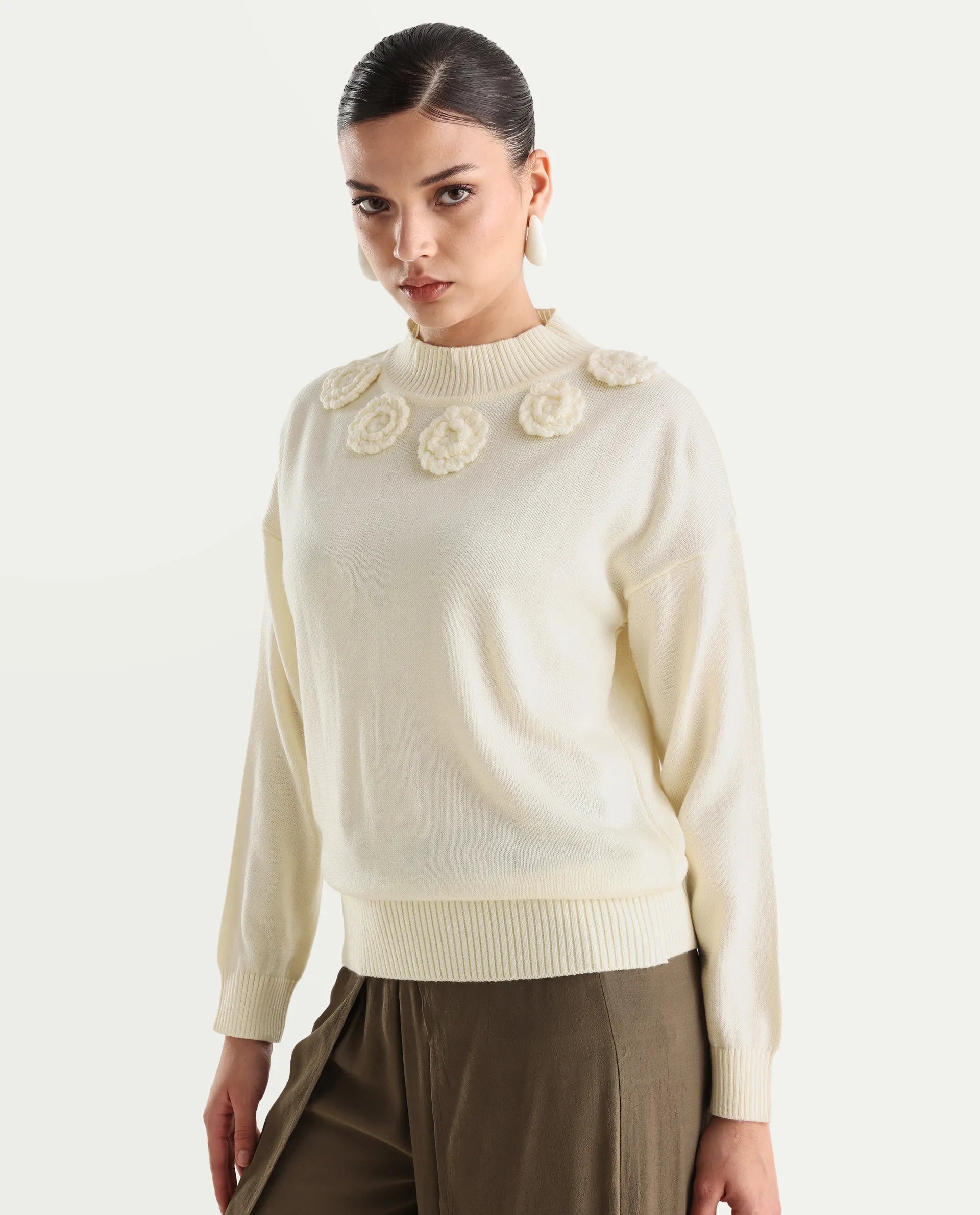 Rareism Women's Adhara Off White Acrylic High Neck Plain Regular Fit Sweater