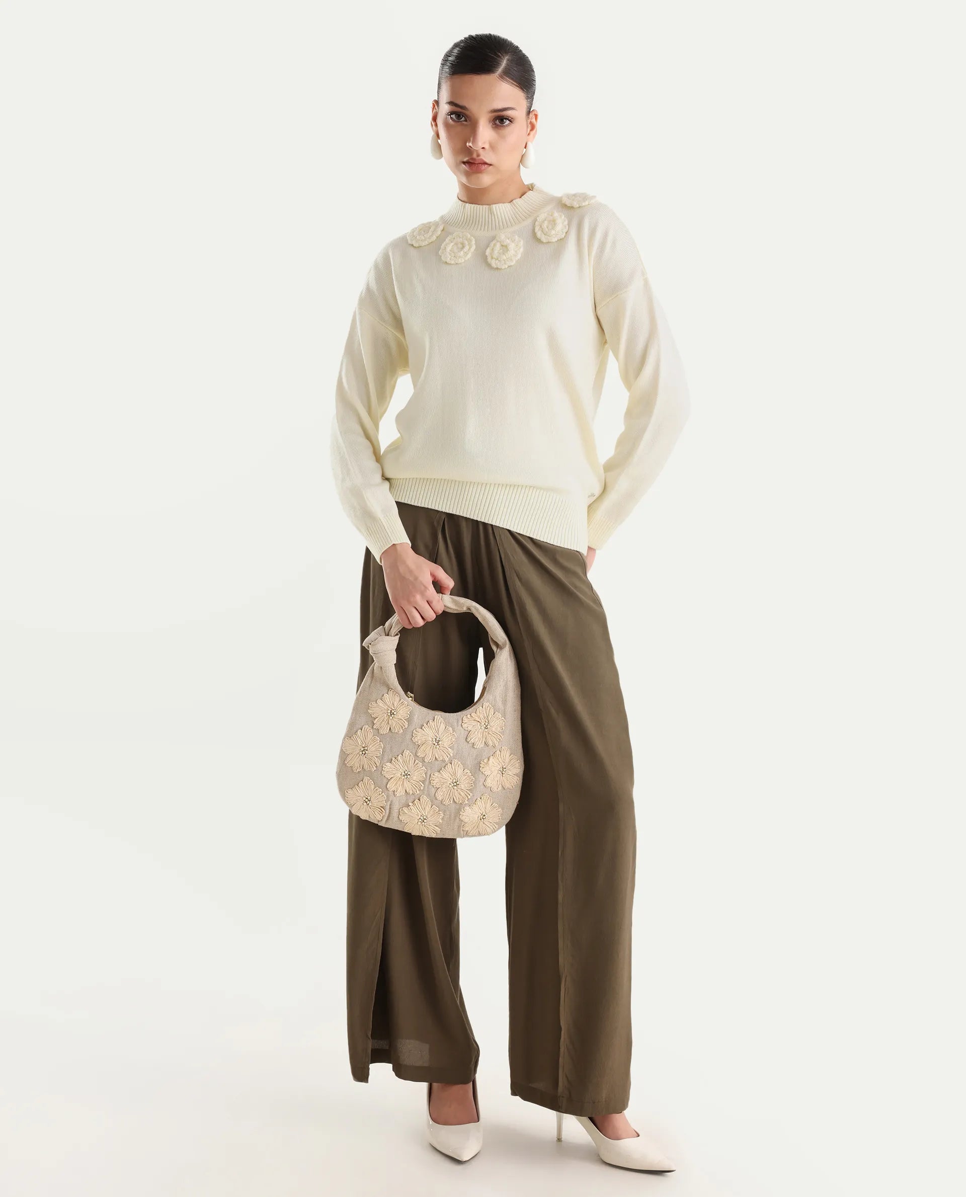 Rareism Women's Adhara Off White Acrylic High Neck Plain Regular Fit Sweater