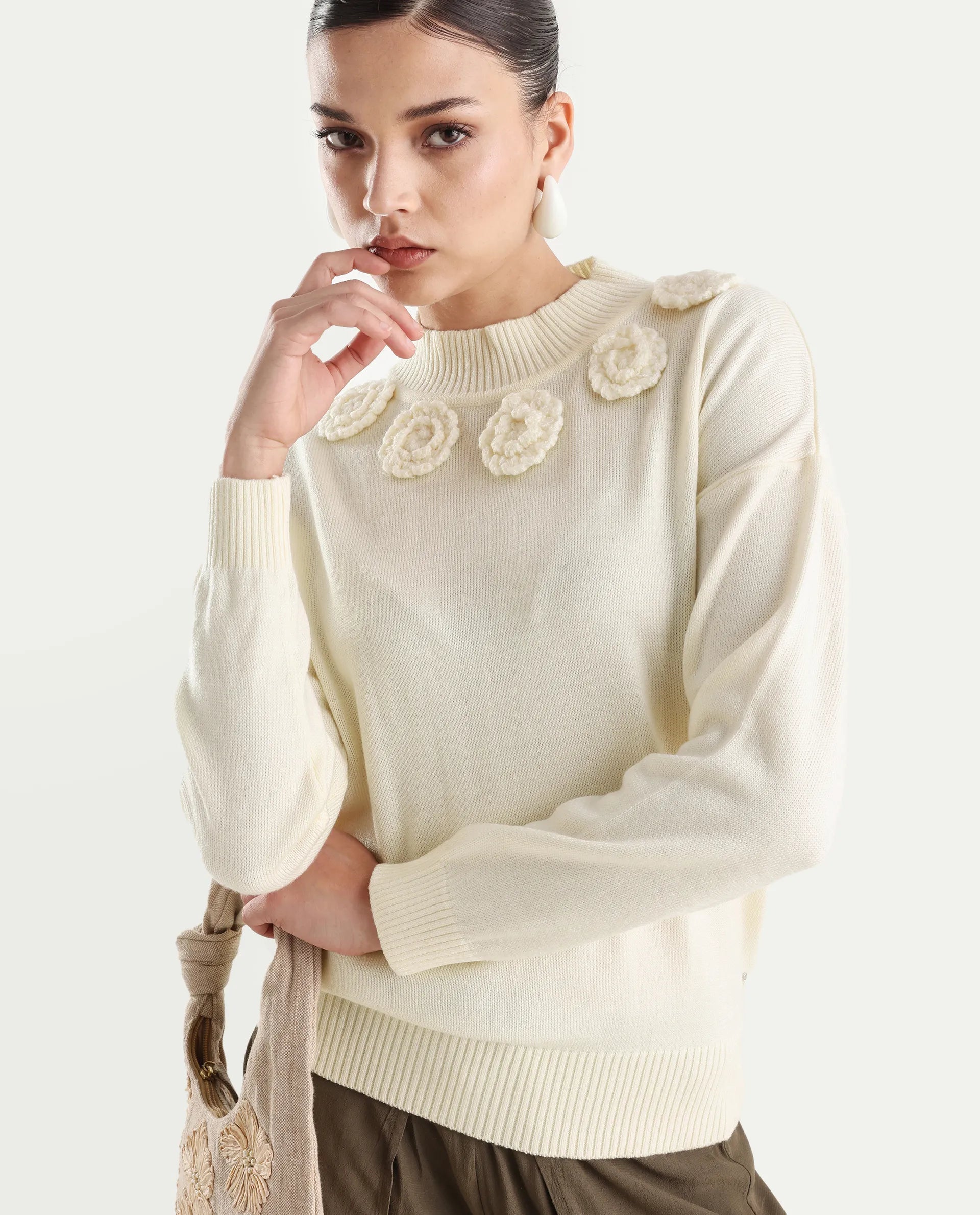 Rareism Women's Adhara Off White Acrylic High Neck Plain Regular Fit Sweater