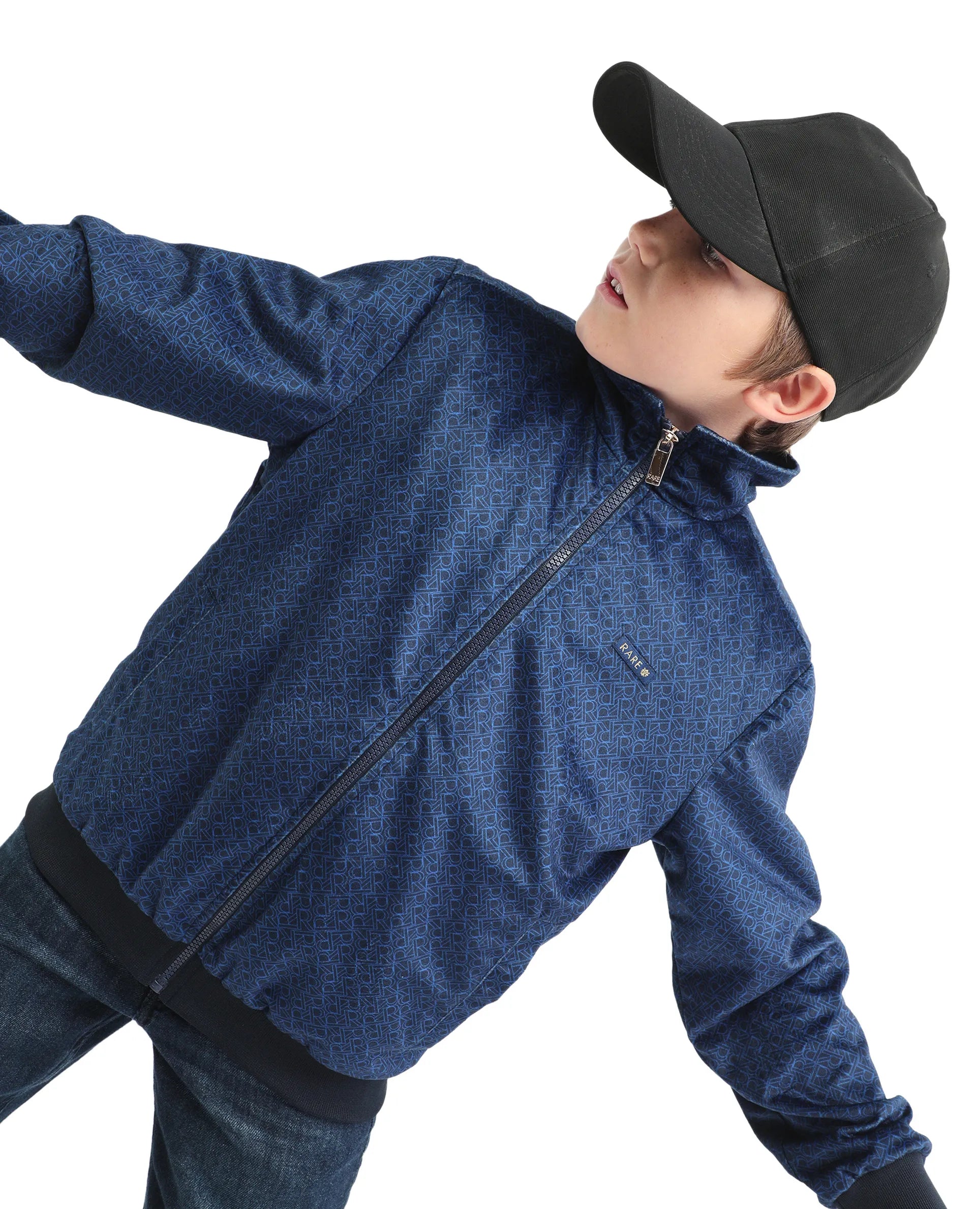 Rare Ones Kids Adi Dark Blue Polyester Zipper Closure Flat Collar Printed Full Sleeves Slim Fit Jacket