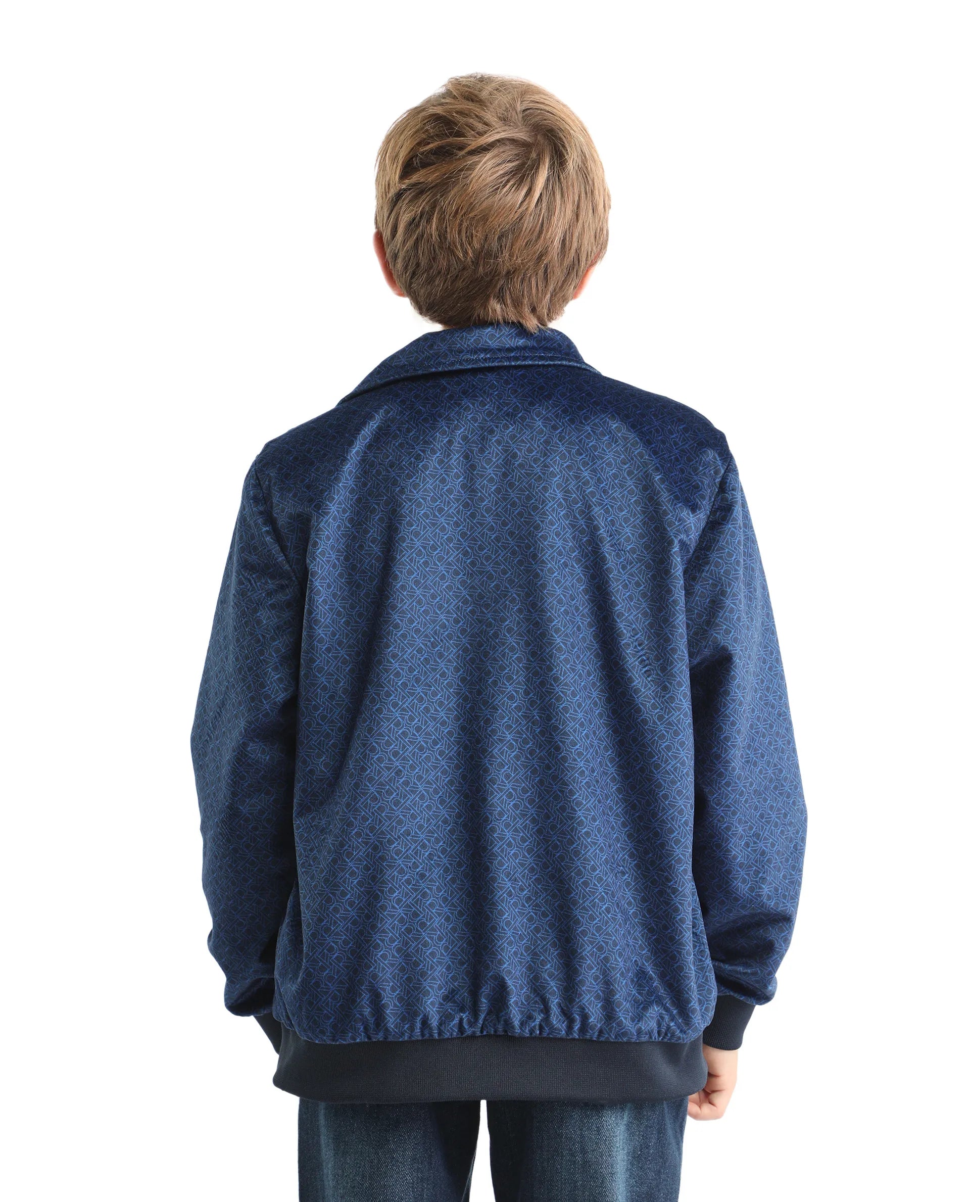 Rare Ones Kids Adi Dark Blue Polyester Zipper Closure Flat Collar Printed Full Sleeves Slim Fit Jacket