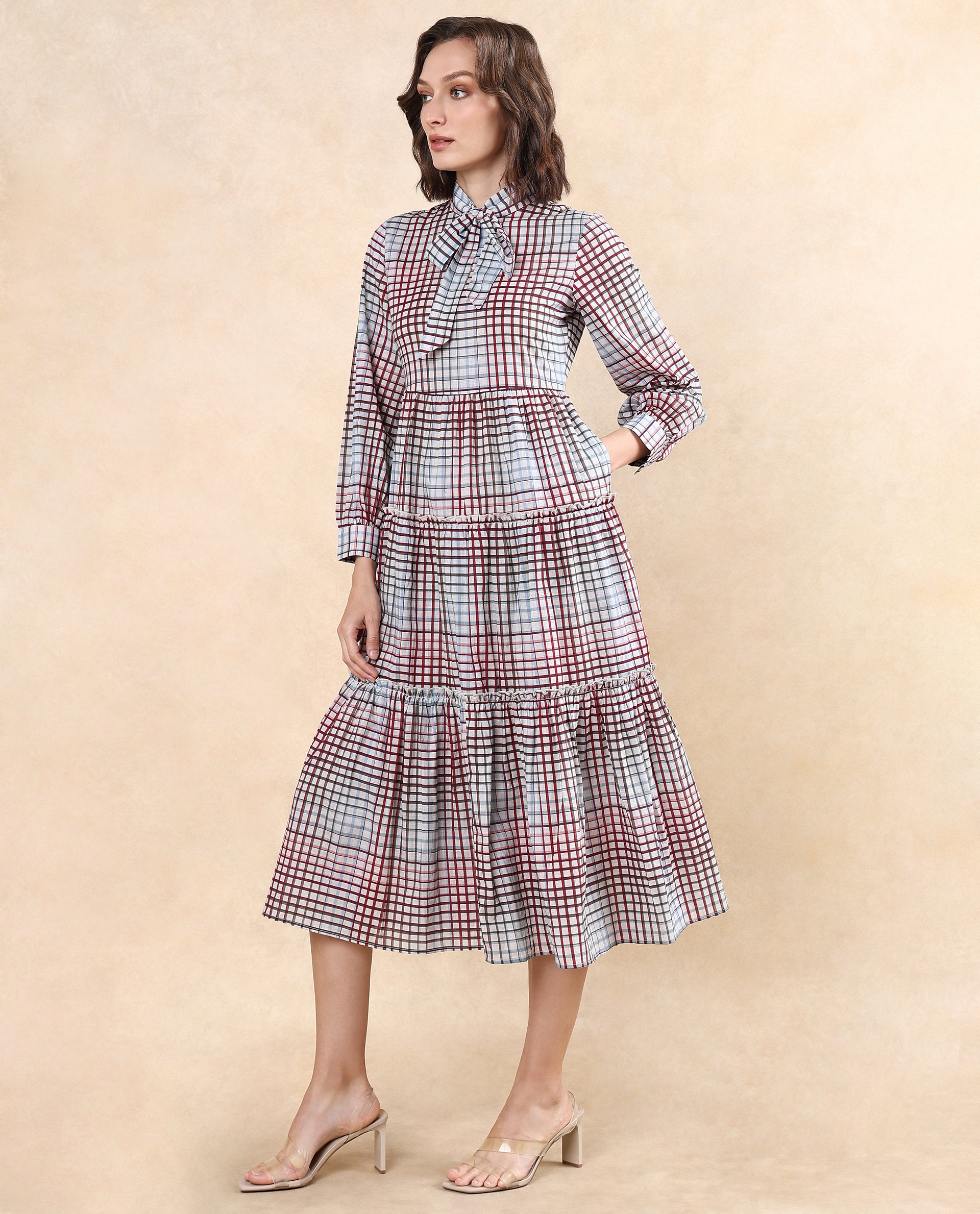 Rareism Women Adilpi Multi Bishop Sleeve Tie Up Neck Zipper Closure Fit And Flare Midi Printed Dress