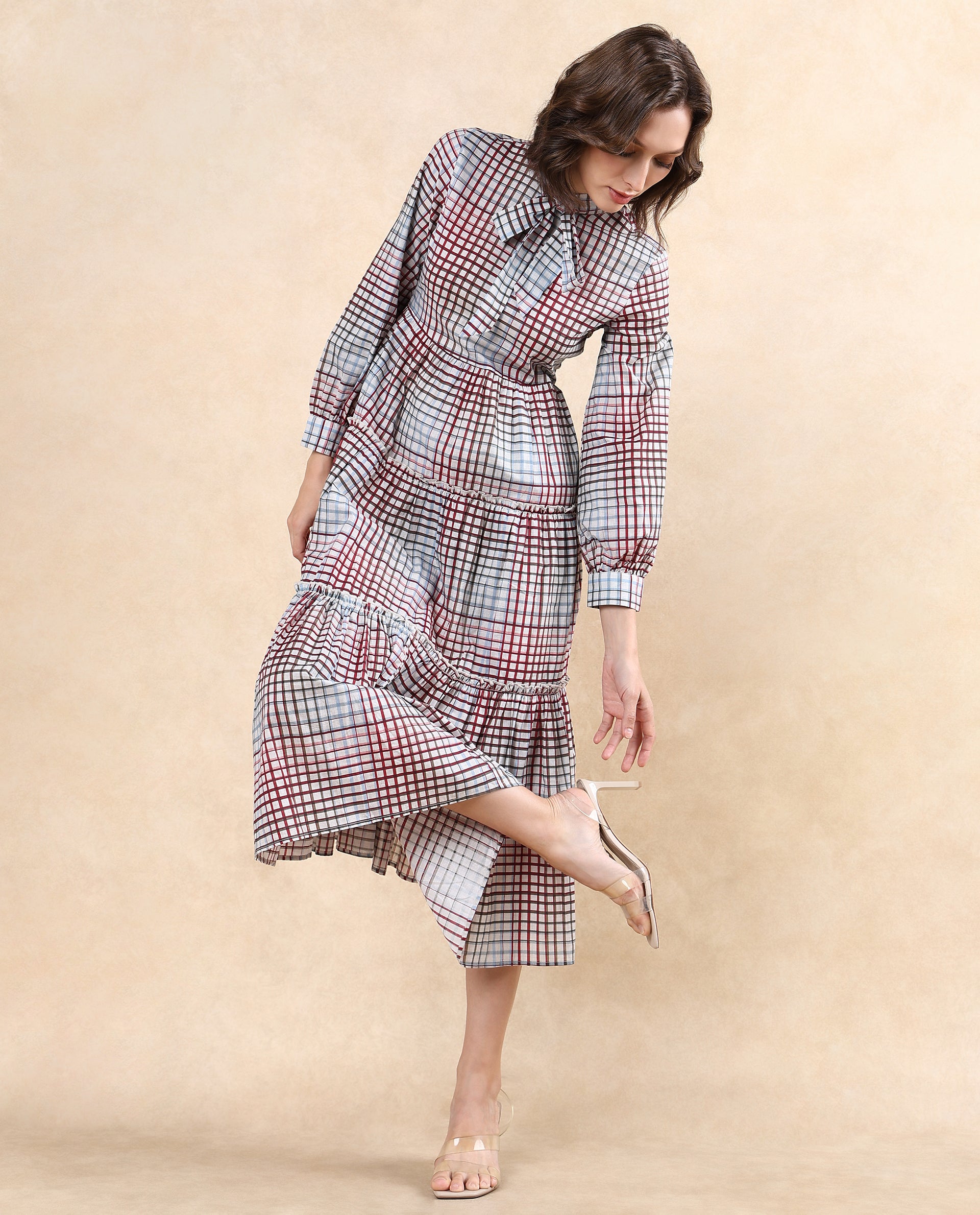 Rareism Women Adilpi Multi Bishop Sleeve Tie Up Neck Zipper Closure Fit And Flare Midi Printed Dress