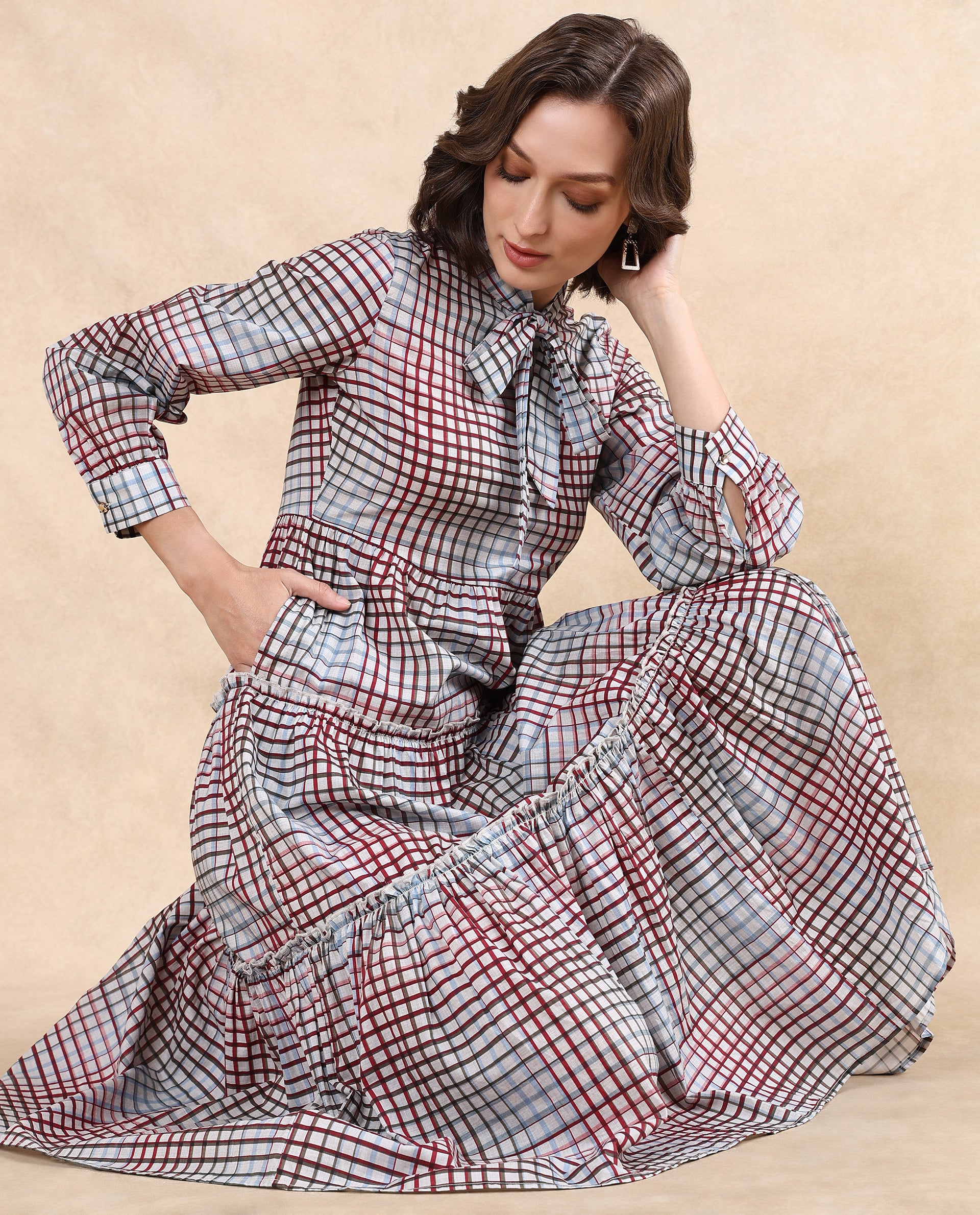 Rareism Women Adilpi Multi Bishop Sleeve Tie Up Neck Zipper Closure Fit And Flare Midi Printed Dress