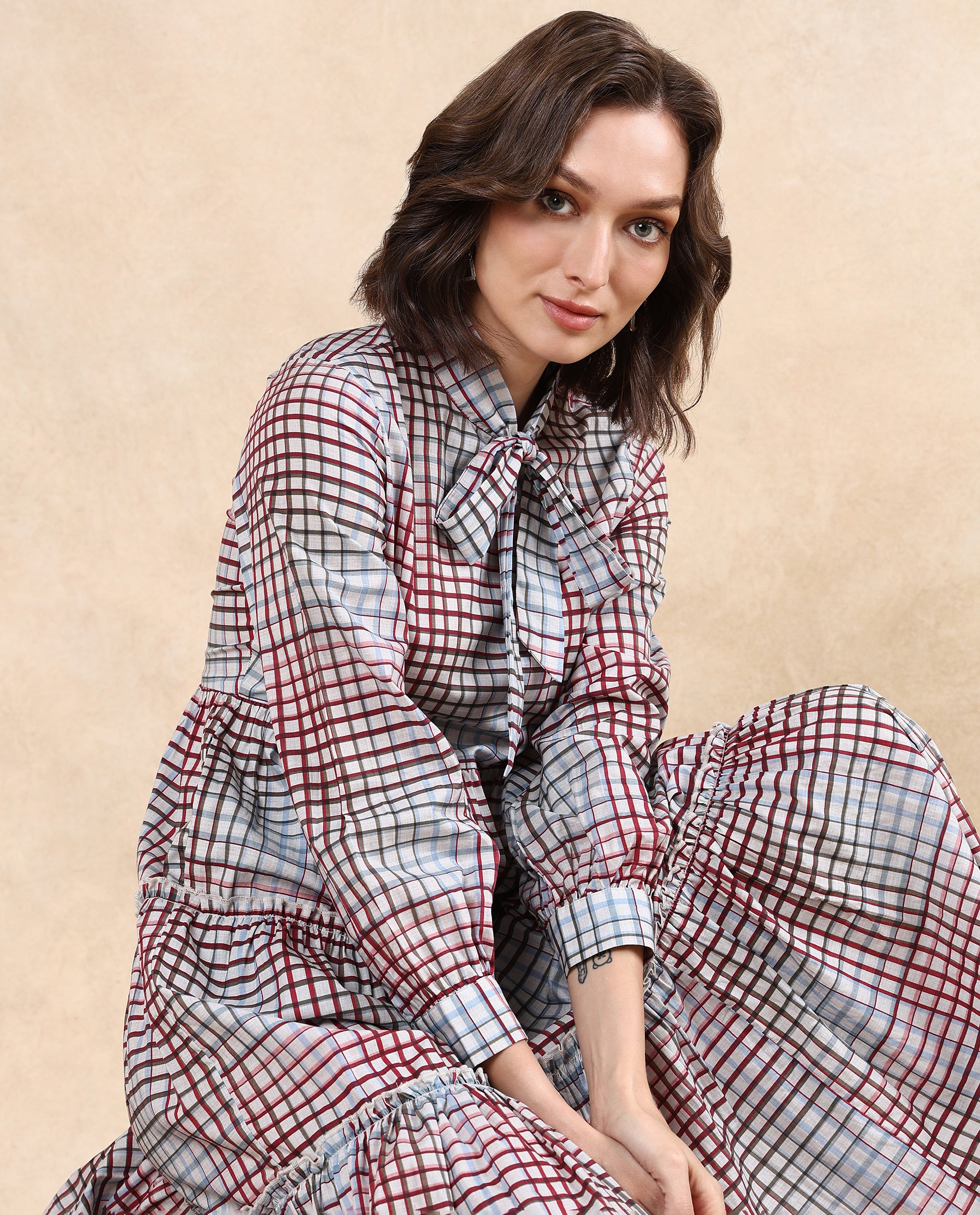 Rareism Women Adilpi Multi Bishop Sleeve Tie Up Neck Zipper Closure Fit And Flare Midi Printed Dress