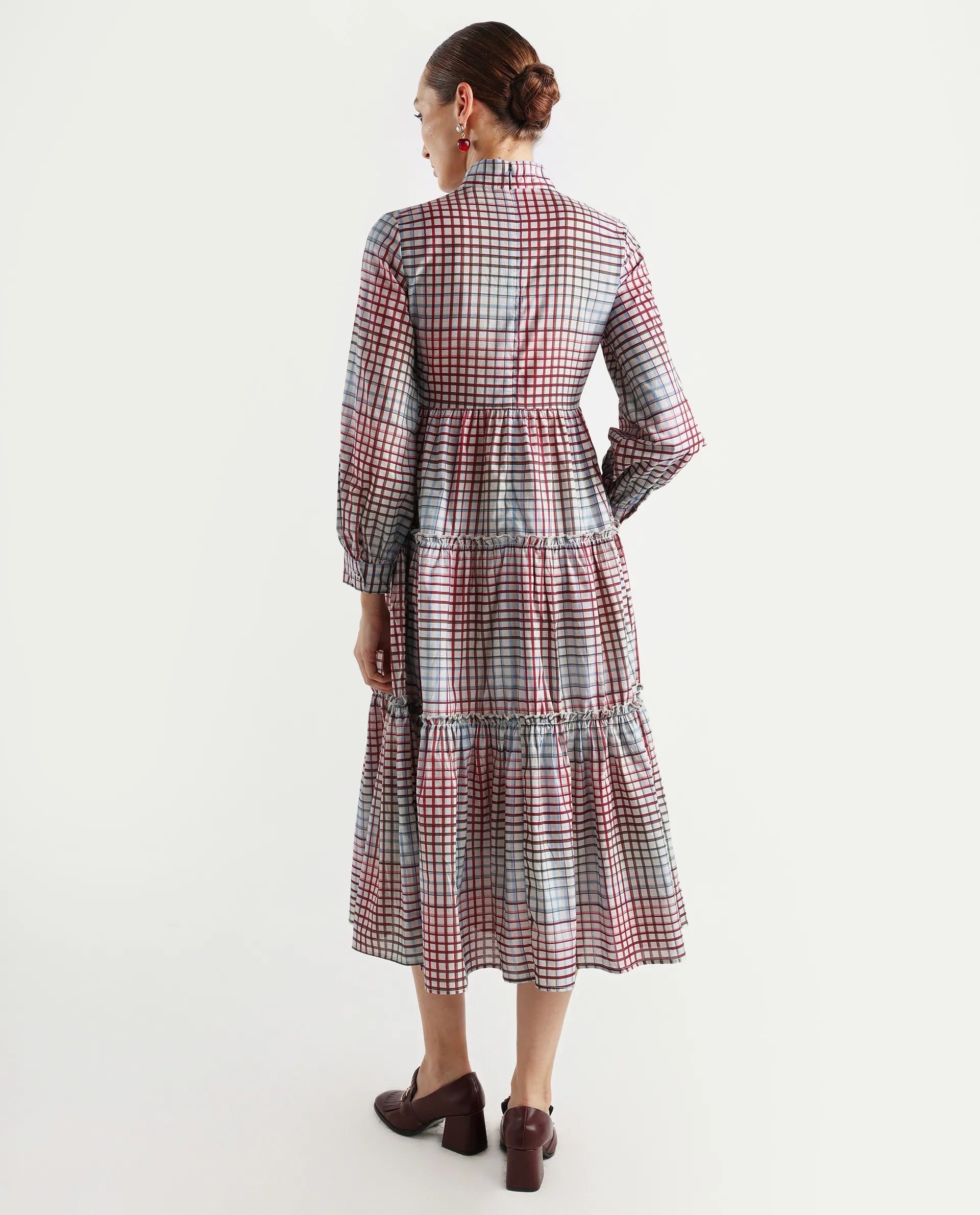 Rareism Women's Adilpi Multi Cotton Tie-Up Neck Flannel Print Bishop Sleeve Midi Fit And Flare Dress