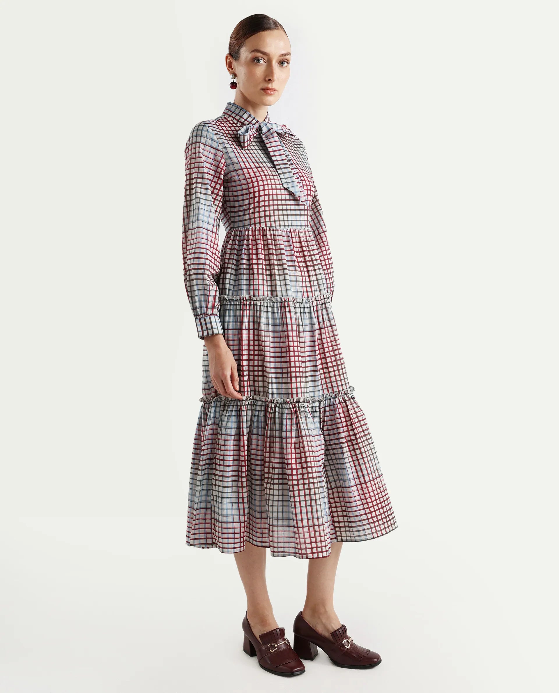 Rareism Women's Adilpi Multi Cotton Tie-Up Neck Flannel Print Bishop Sleeve Midi Fit And Flare Dress