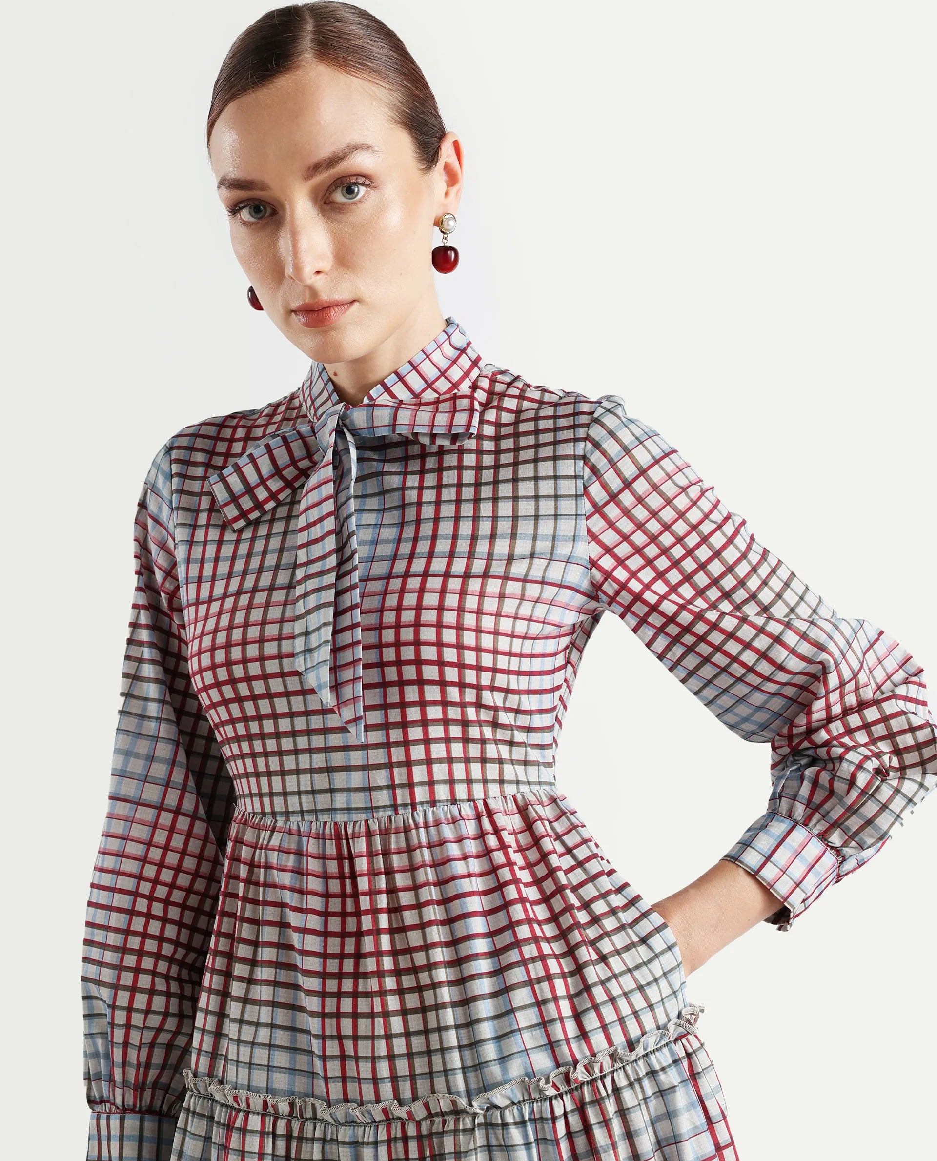 Rareism Women's Adilpi Multi Cotton Tie-Up Neck Flannel Print Bishop Sleeve Midi Fit And Flare Dress